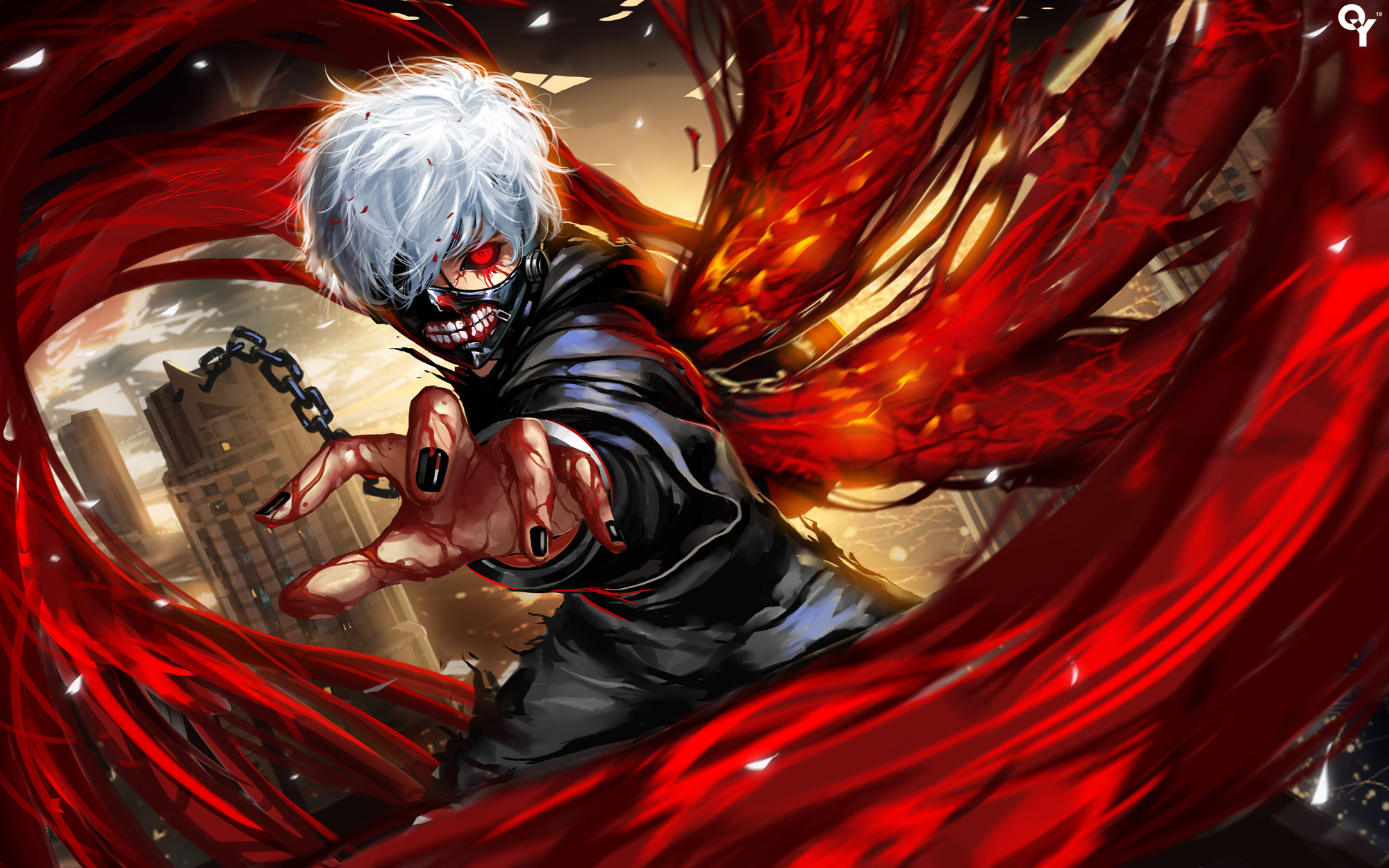 Ken Kaneki, Tokyo Ghoul, Kagune, Catene, Rosso, 2000x1250, sfondo MacBook Pro