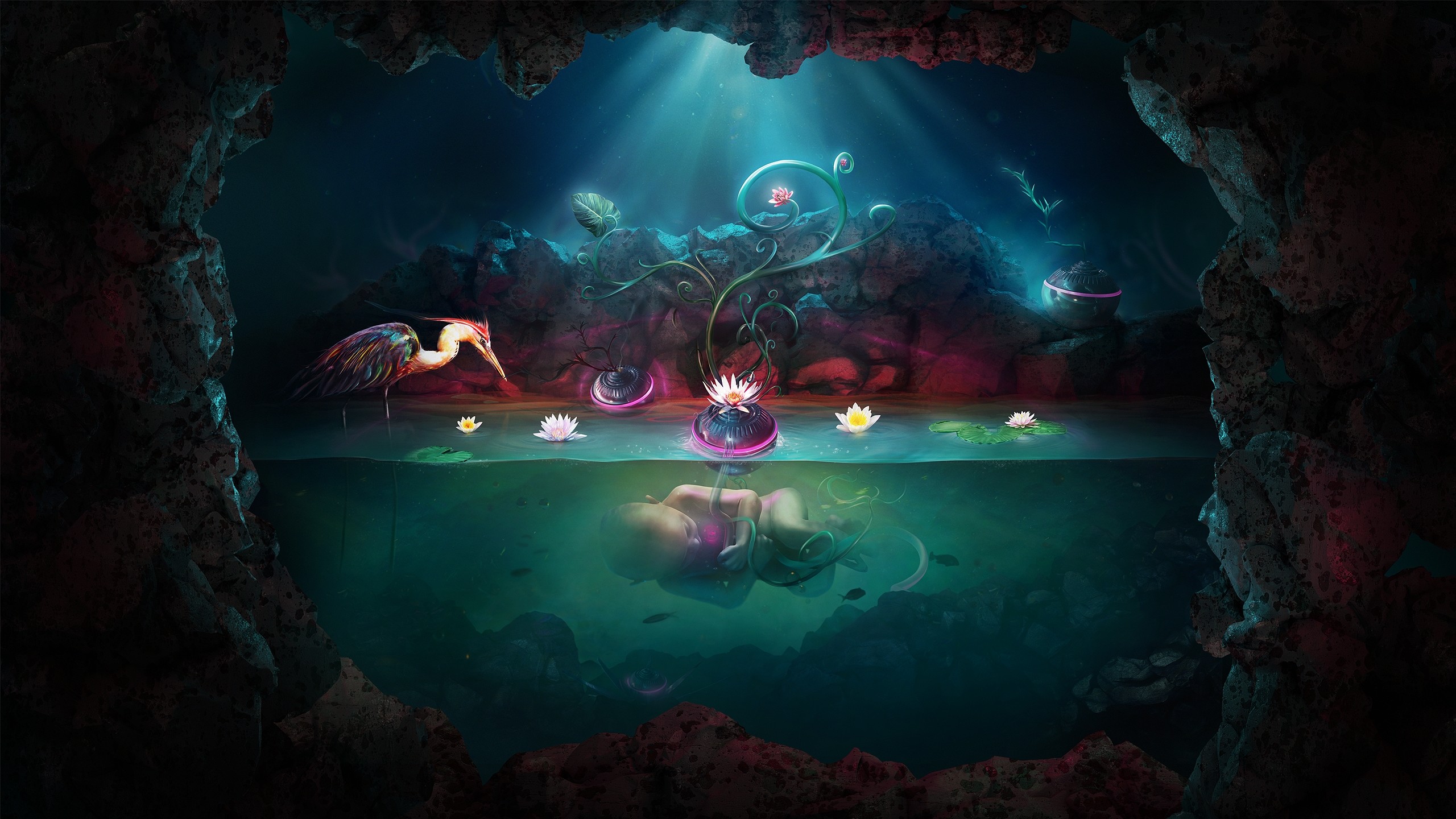 Grotta subacquea, Fenicottero, Ninfee, Fantasy, Luce soffusa, 2K, sfondo per PC