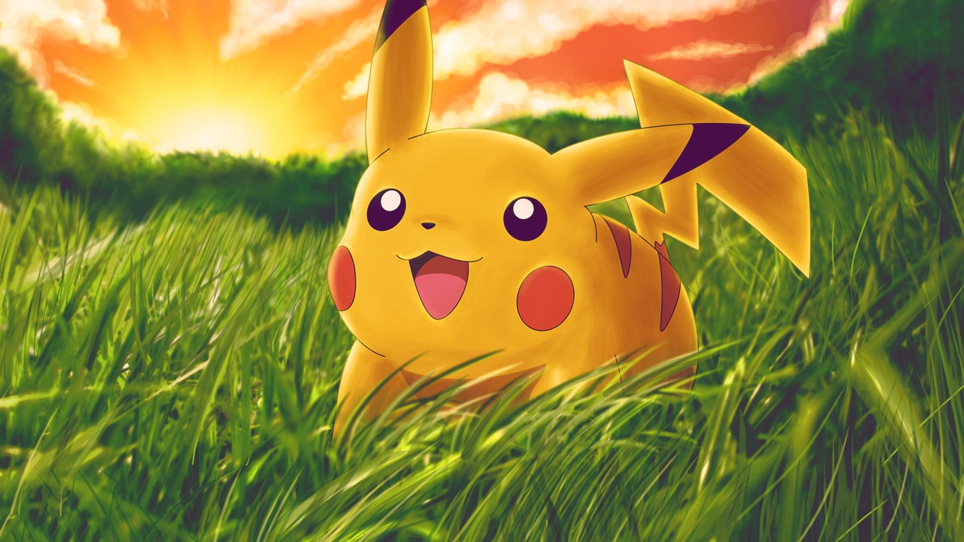 Pikachu, Pokémon, Erba, Tramonto, Full HD, sfondo per portatile