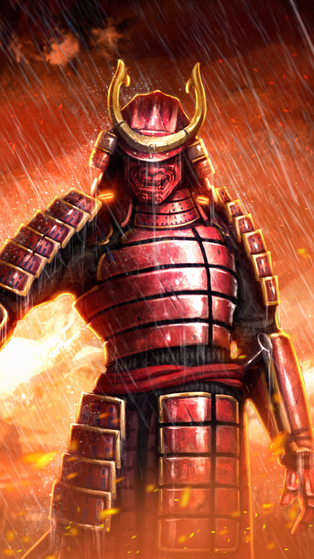 Samurai, Armatura rossa, Kabuto, Pioggia, sfondo per iPhone e Android