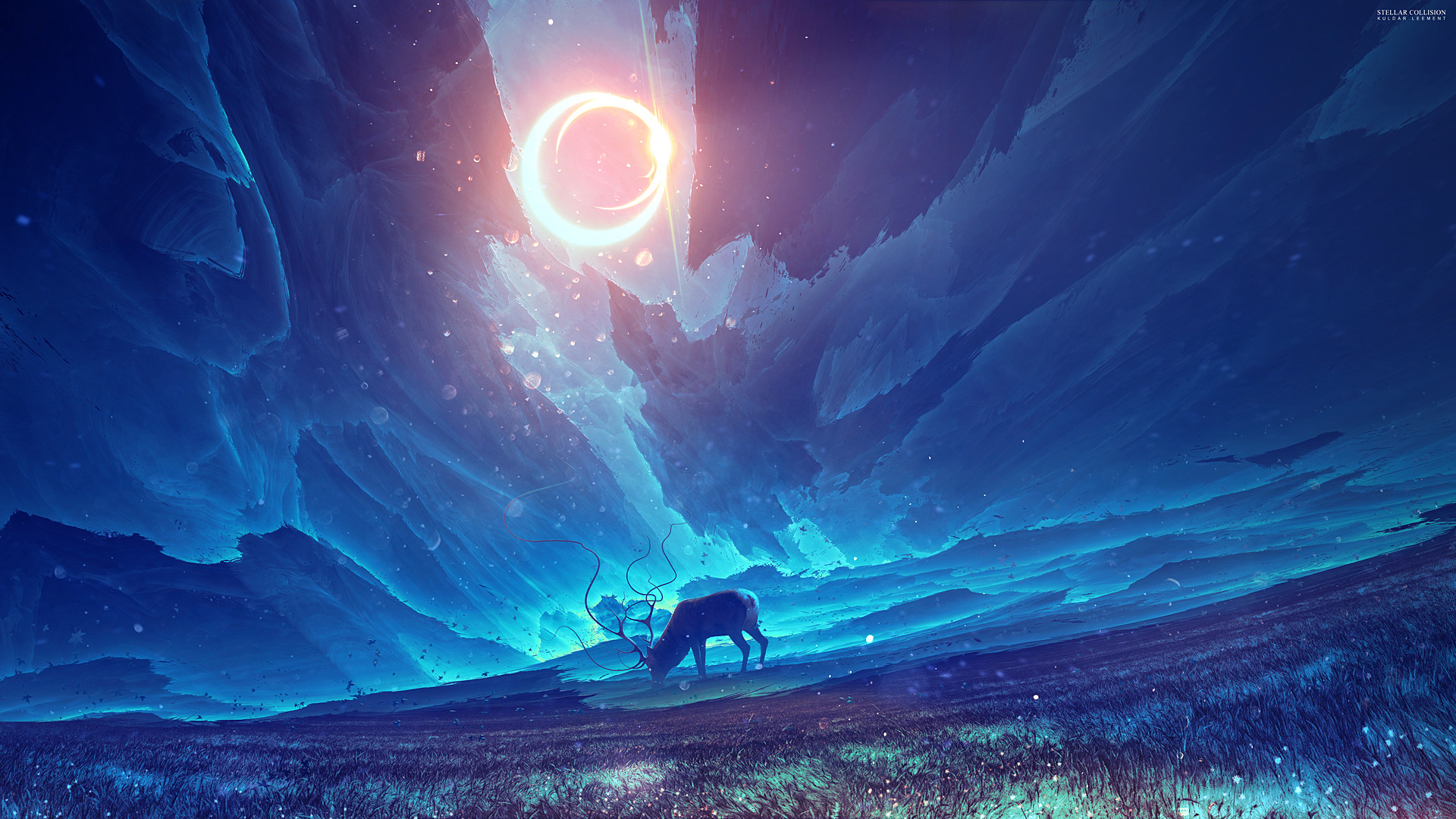 Cervo, Eclissi, Montagne, Notte, Blu, Full HD 1080p, sfondo desktop