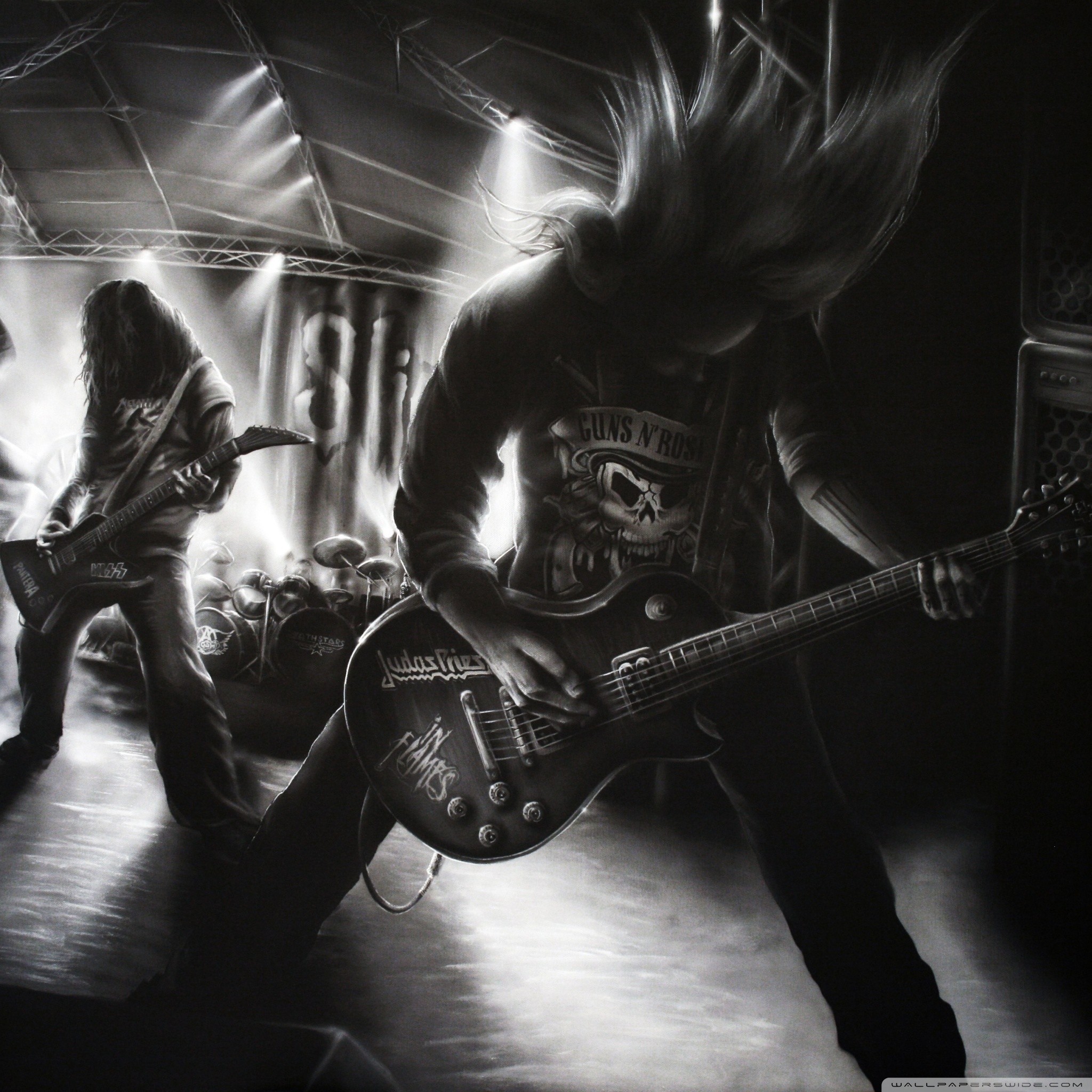 Chitarrista, Concerto, Heavy metal, Bianco e nero, Full HD, sfondo per iPad e tablet