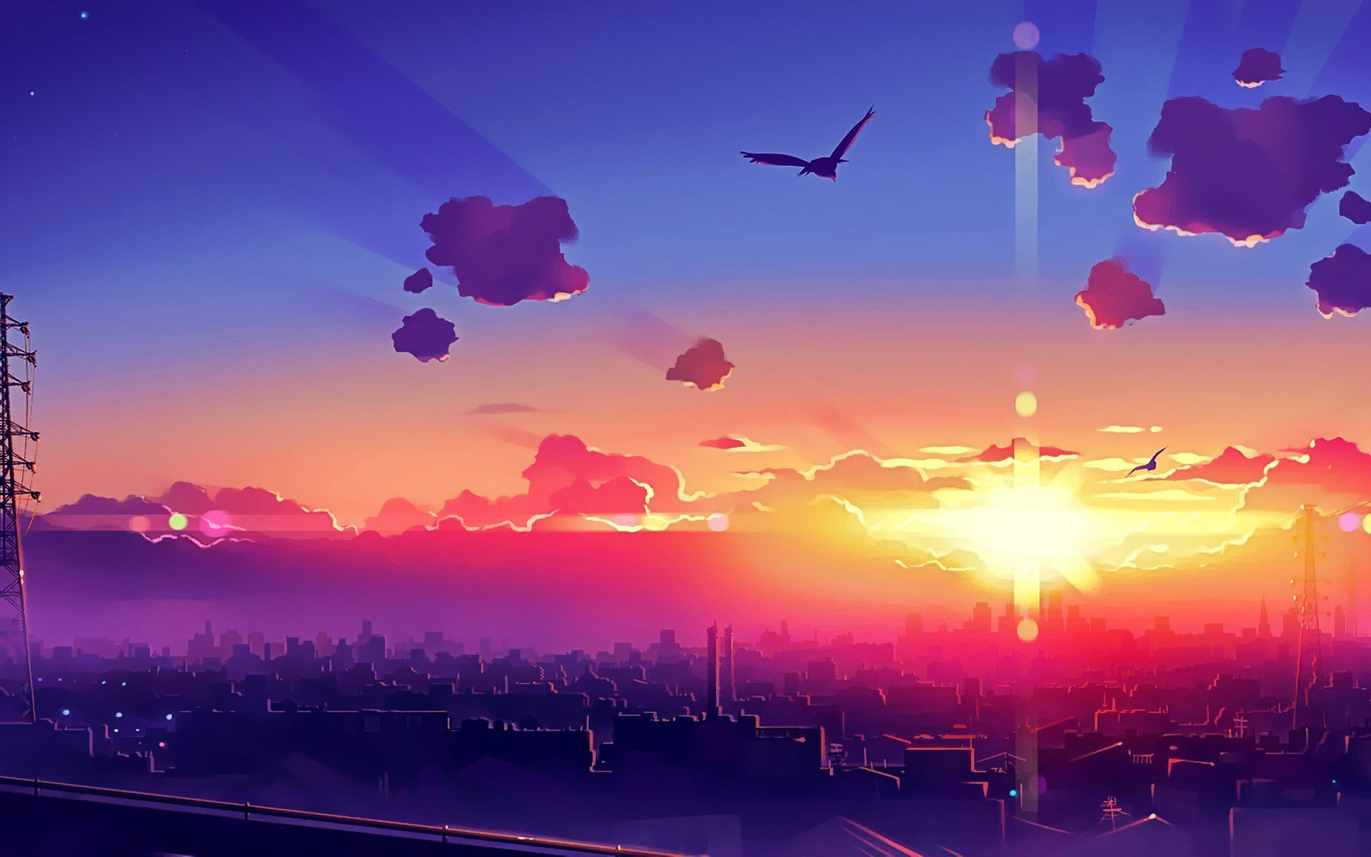 Tramonto, Città, Cielo viola, Paesaggio anime, 1920x1200, sfondo MacBook Pro