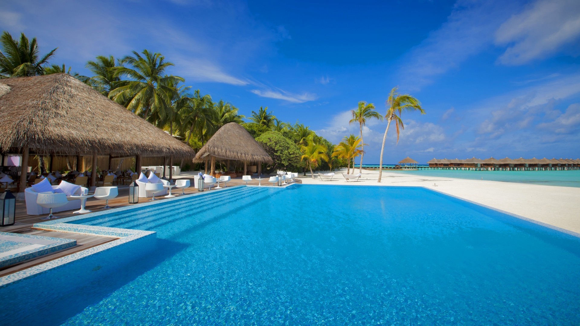 Maldive, Piscina, Resort, Palme, 1920x1080, immagine di sfondo