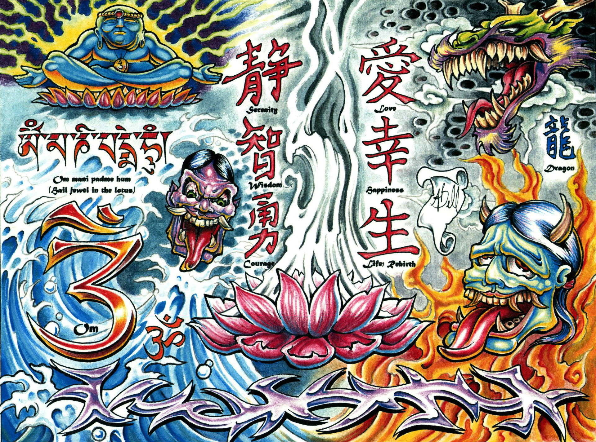 Flash tattoo, Ideogrammi giapponesi, Fiore di loto, Onde, Maschera Hannya, sfondo per iPad