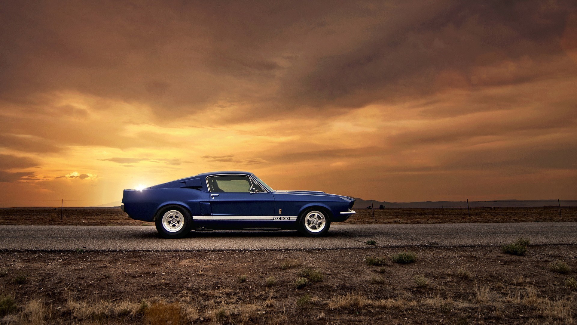 Ford Mustang Shelby GT500, Muscle car, Tramonto, Prateria, Blu, 1920x1080, sfondo per PC