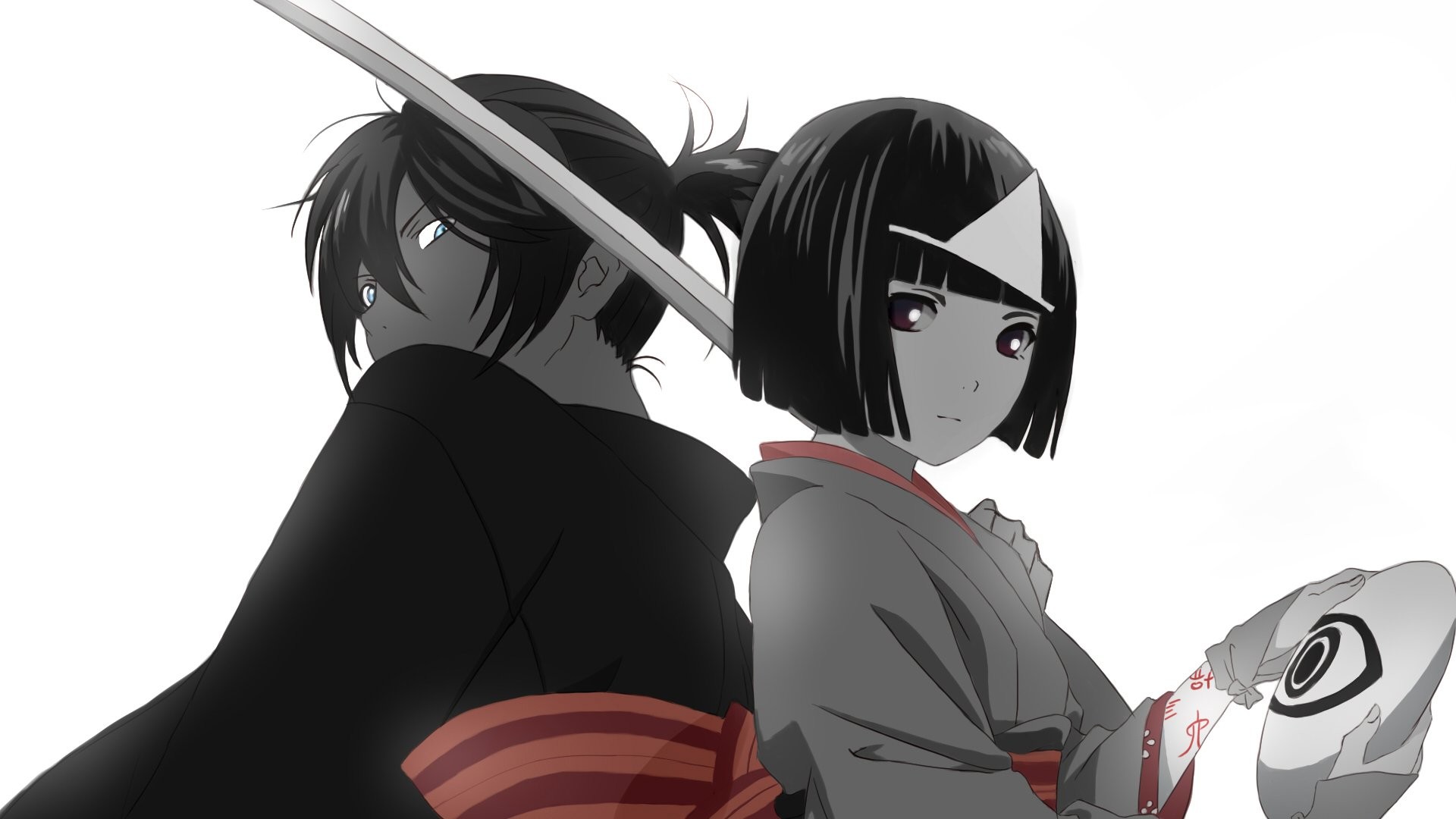 Yato, Nora, Noragami, Kimono, Bianco e nero, Full HD, sfondo per PC