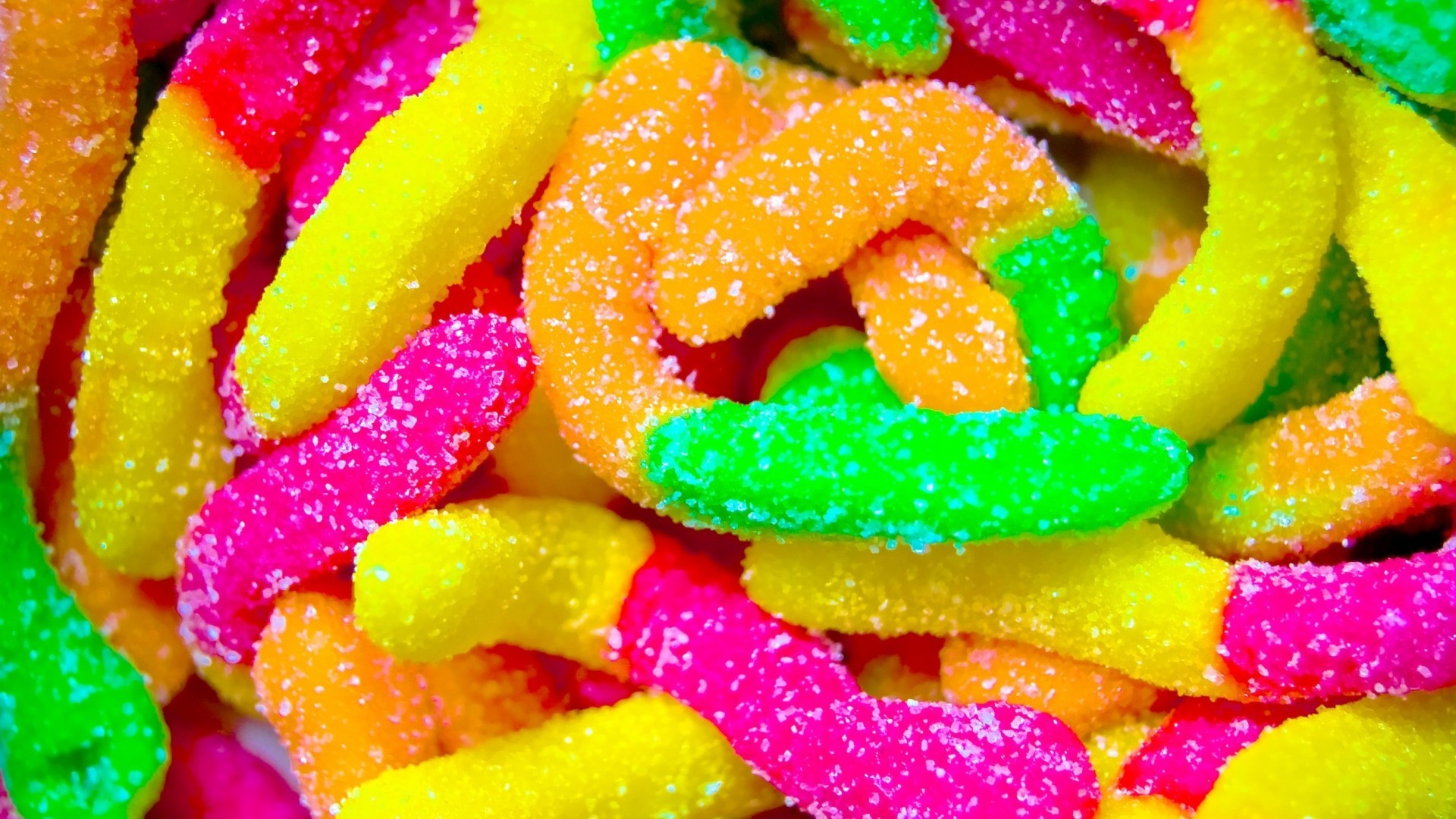 Vermicelli gommosi, Caramelle gommose, Zucchero, Neon, 16:9 Full HD, sfondo widescreen