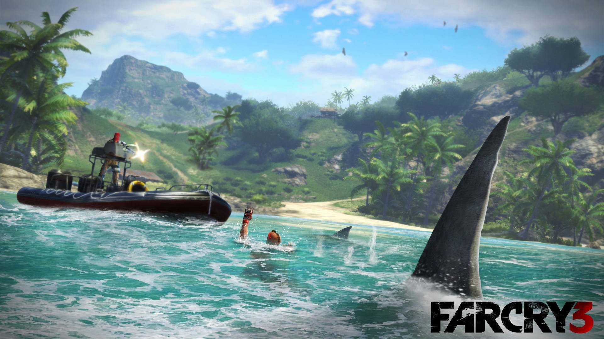 Far Cry 3, Squalo, Gommone, Isola, Logo, Full HD, sfondo per PC e portatile