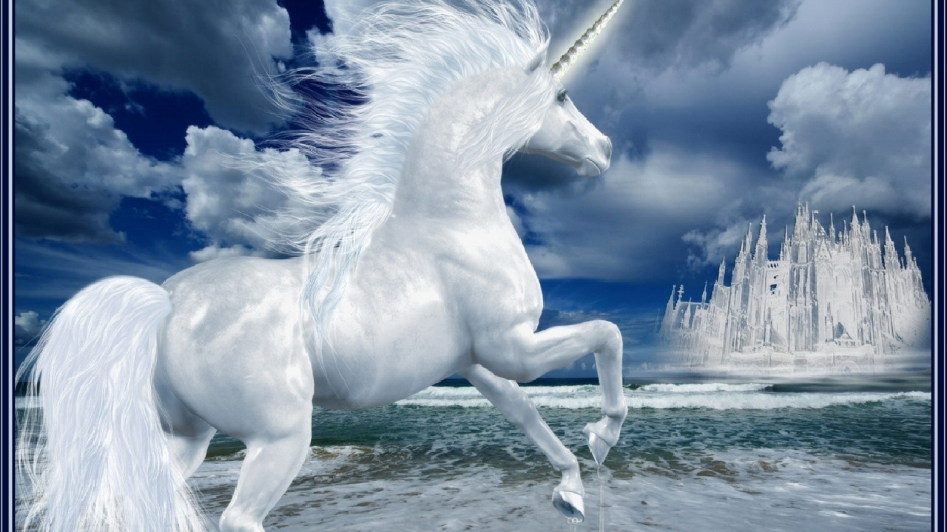 Unicorno bianco, Castello, Mare, Nuvole, Fantasy, 16:9 Full HD, sfondo widescreen