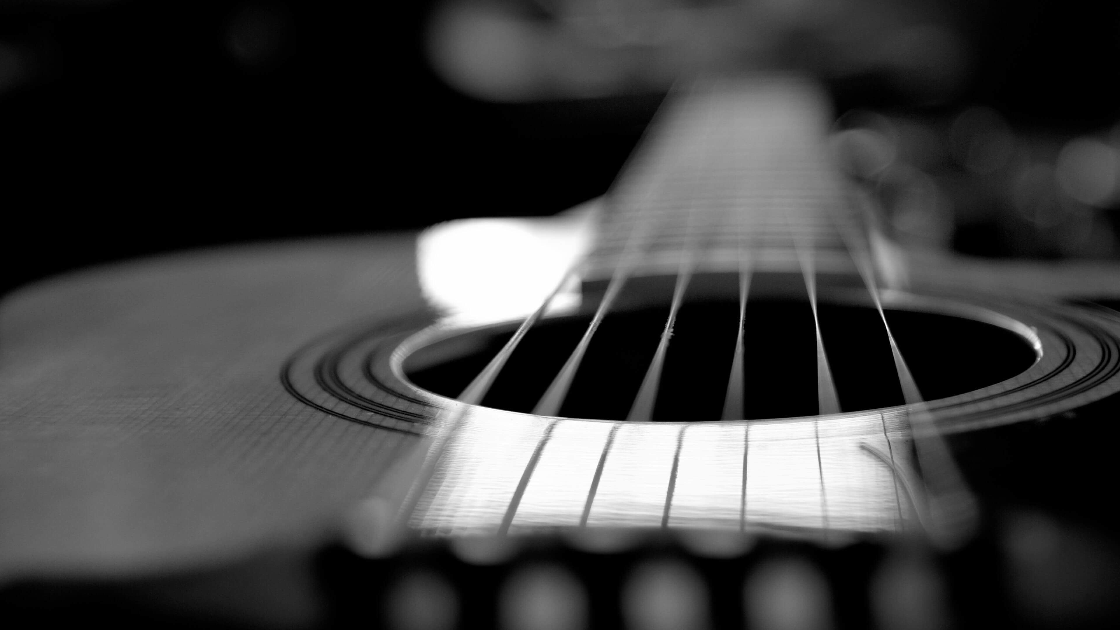 Chitarra acustica, Buca, Corde, Bianco e nero, 16:9 4K, sfondo widescreen