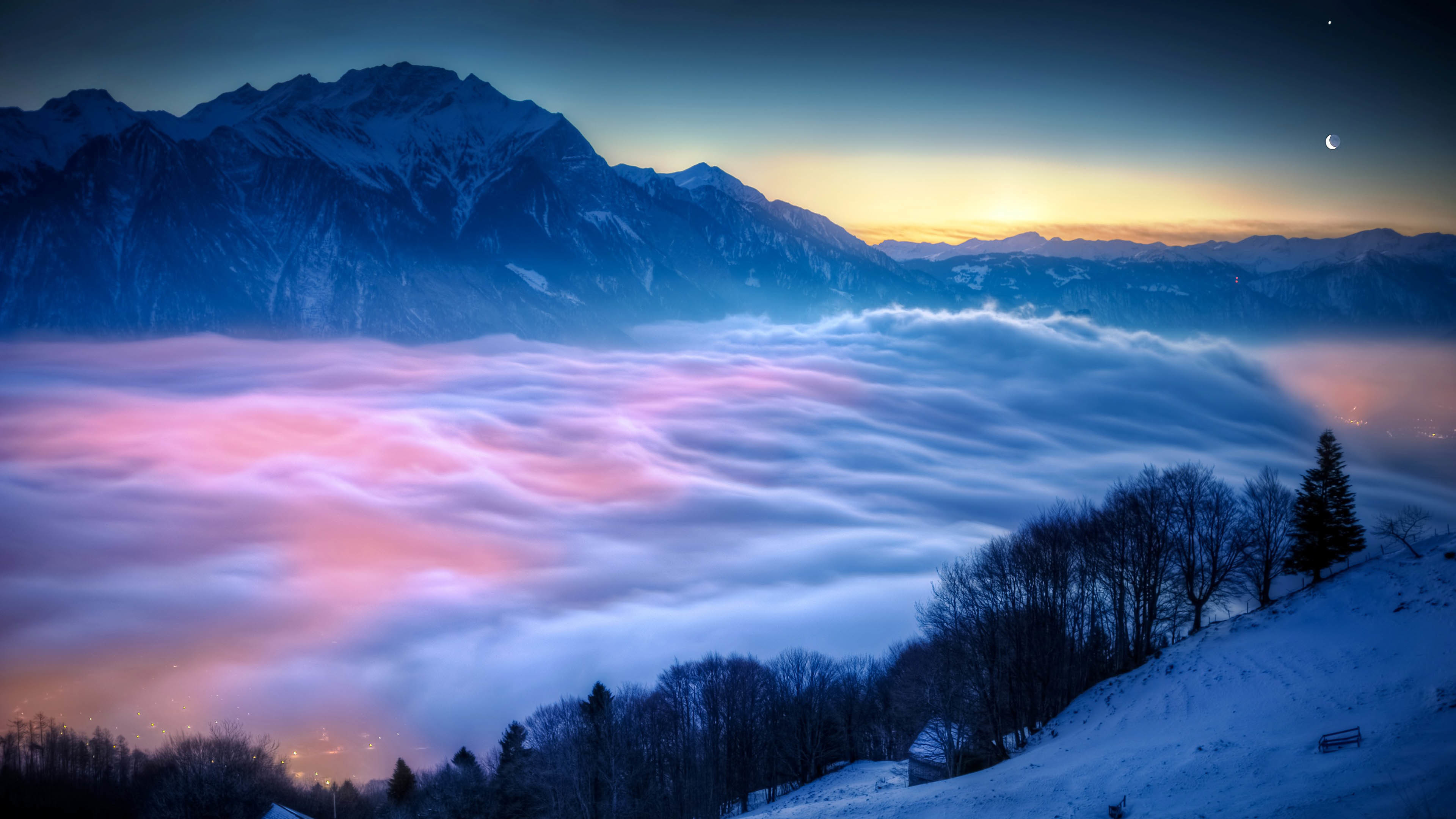 Mare di nuvole, Montagne, Crepuscolo, Neve, Foresta, 3840x2160, sfondo per PC