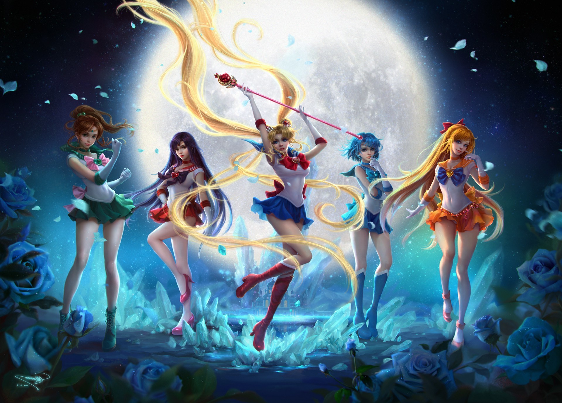 Sailor Senshi, Sailor Moon, Luna piena, Notte, Full HD, sfondo per portatile