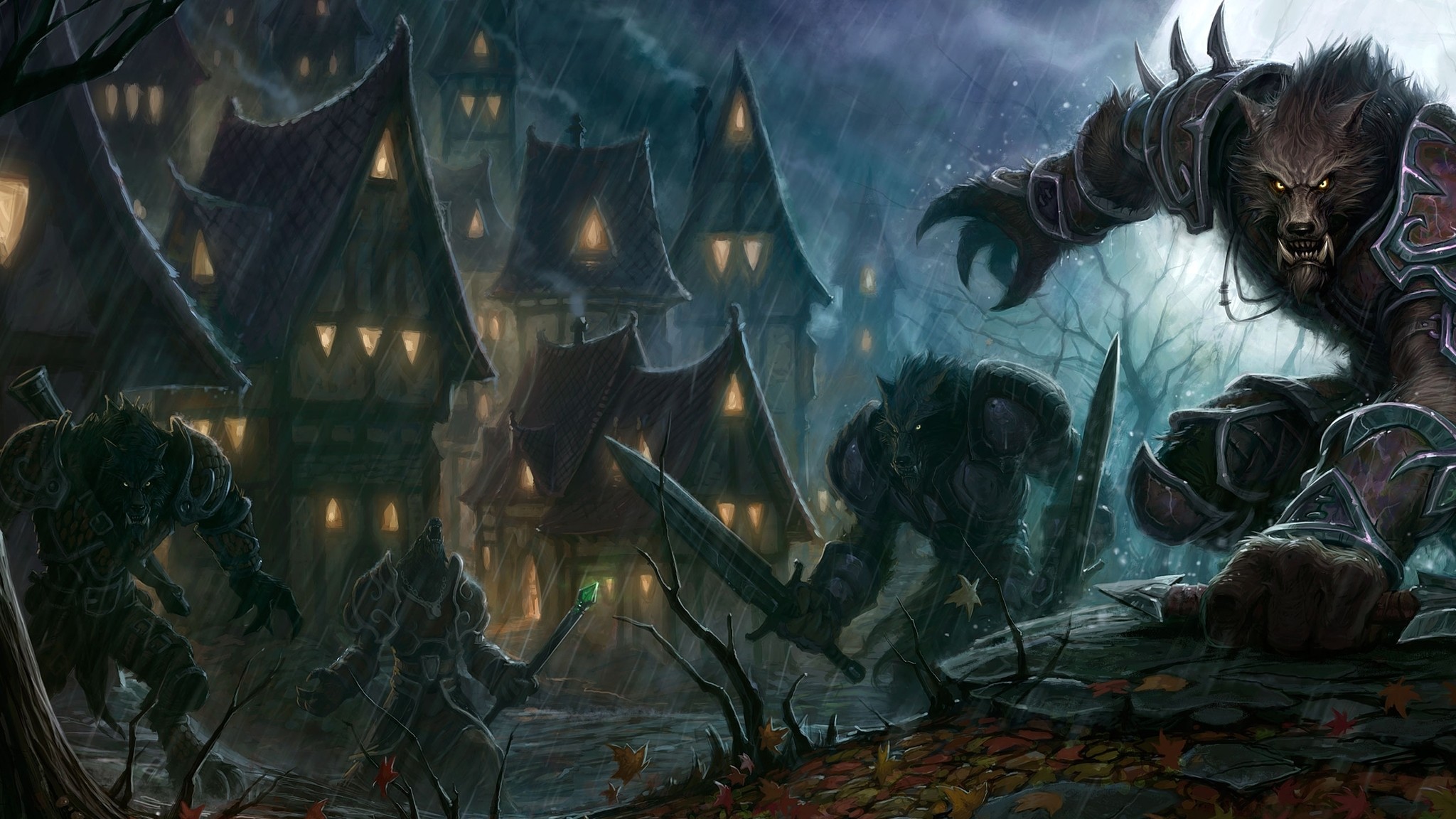 Worgen, World of Warcraft, Lupo mannaro, Villaggio, Notte, Full HD, sfondo per PC e portatile
