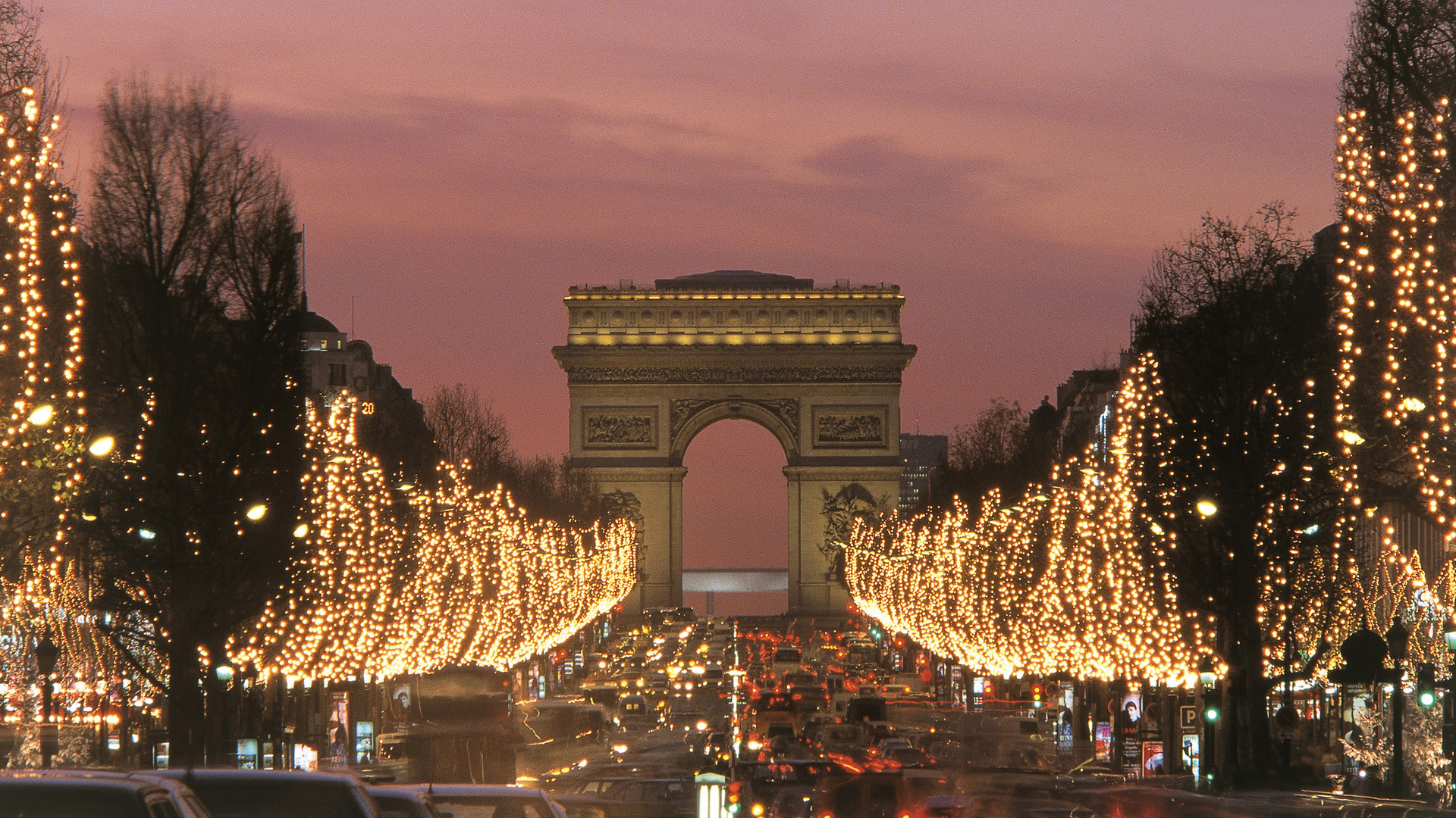 Arco di Trionfo, Champs-Élysées, Parigi, Luci natalizie, Crepuscolo, sfondo 16:9 Full HD