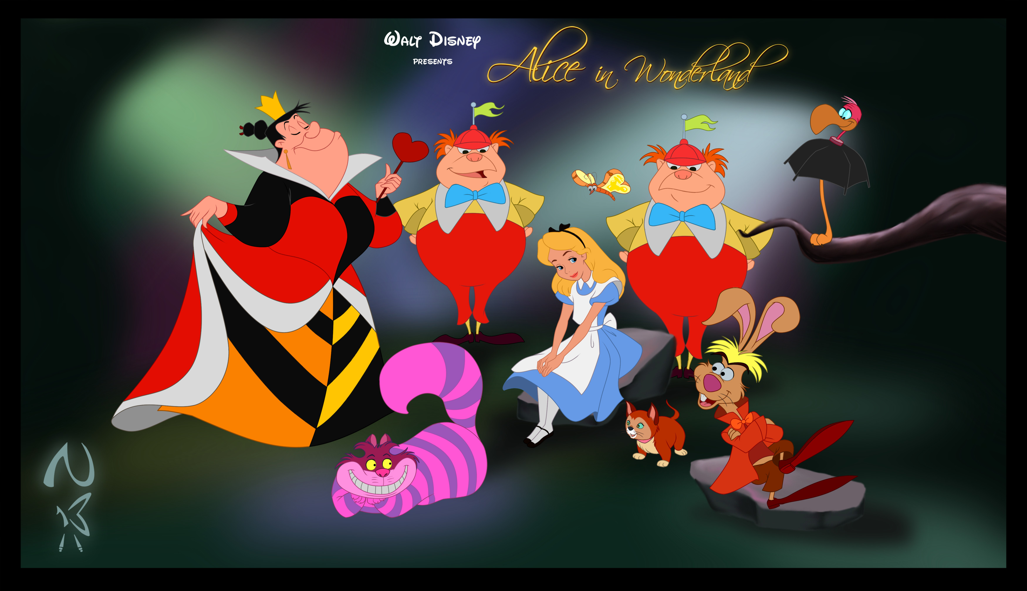 Alice nel Paese delle Meraviglie (1951), Disney, Regina di Cuori, Stregatto, Pinco Panco e Panco Pinco, Bianconiglio, sfondo 2K