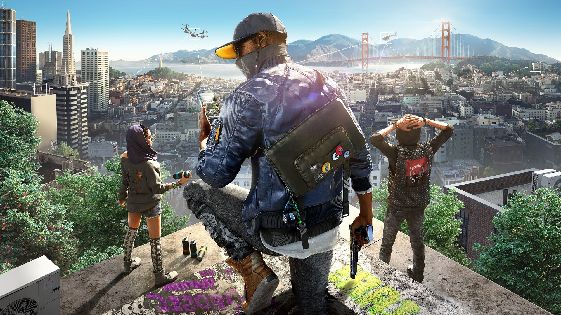 Watch Dogs 2, Marcus Holloway, Sitara, Golden Gate Bridge, San Francisco, sfondo 16:9 Full HD