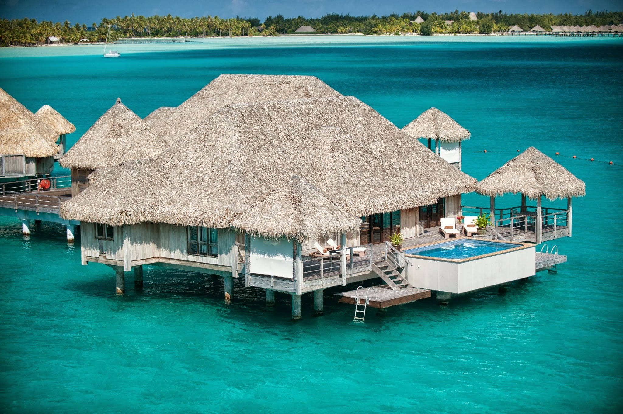 Bora Bora, Bungalow sull'acqua, Piscina privata, Laguna turchese, sfondo Full HD per portatile