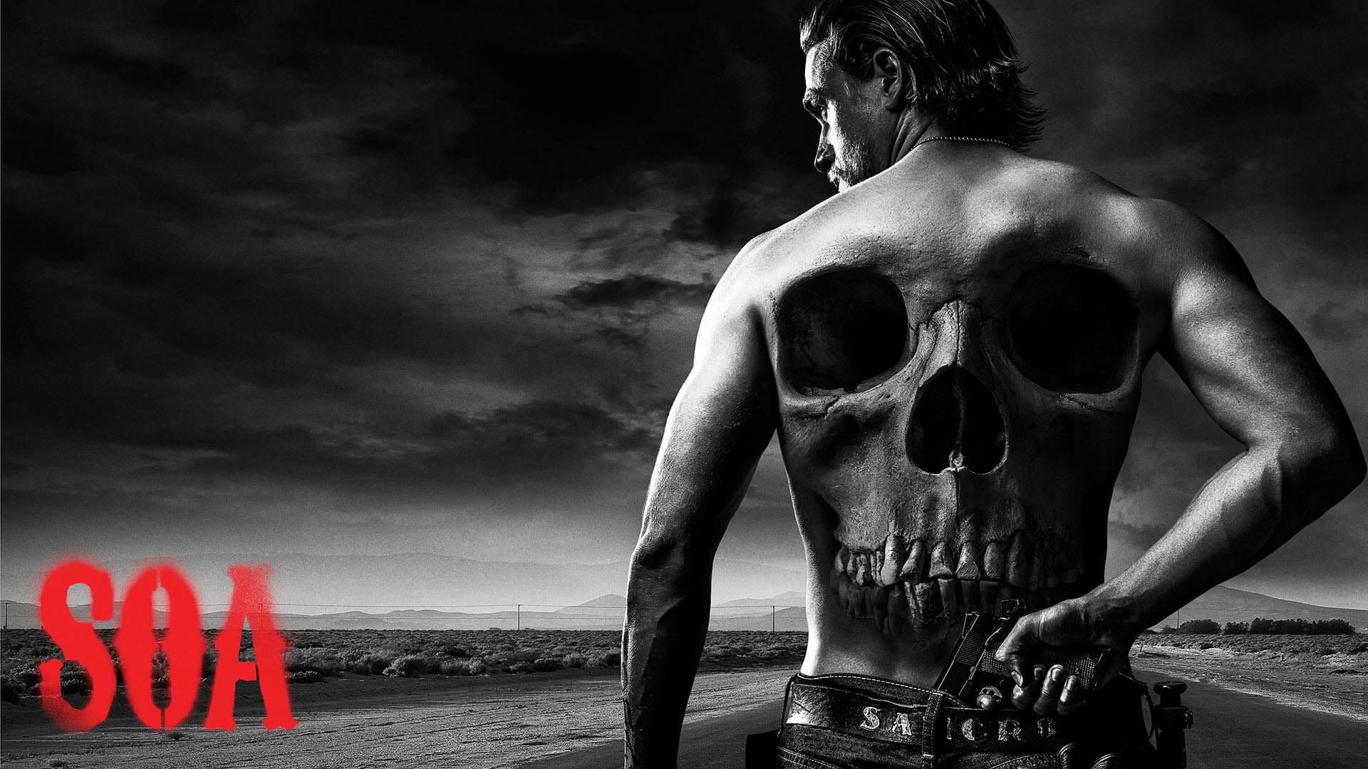 Charlie Hunnam, Jax Teller, SOA, Tatuaggio teschio, Bianco e nero, sfondo Full HD per portatile