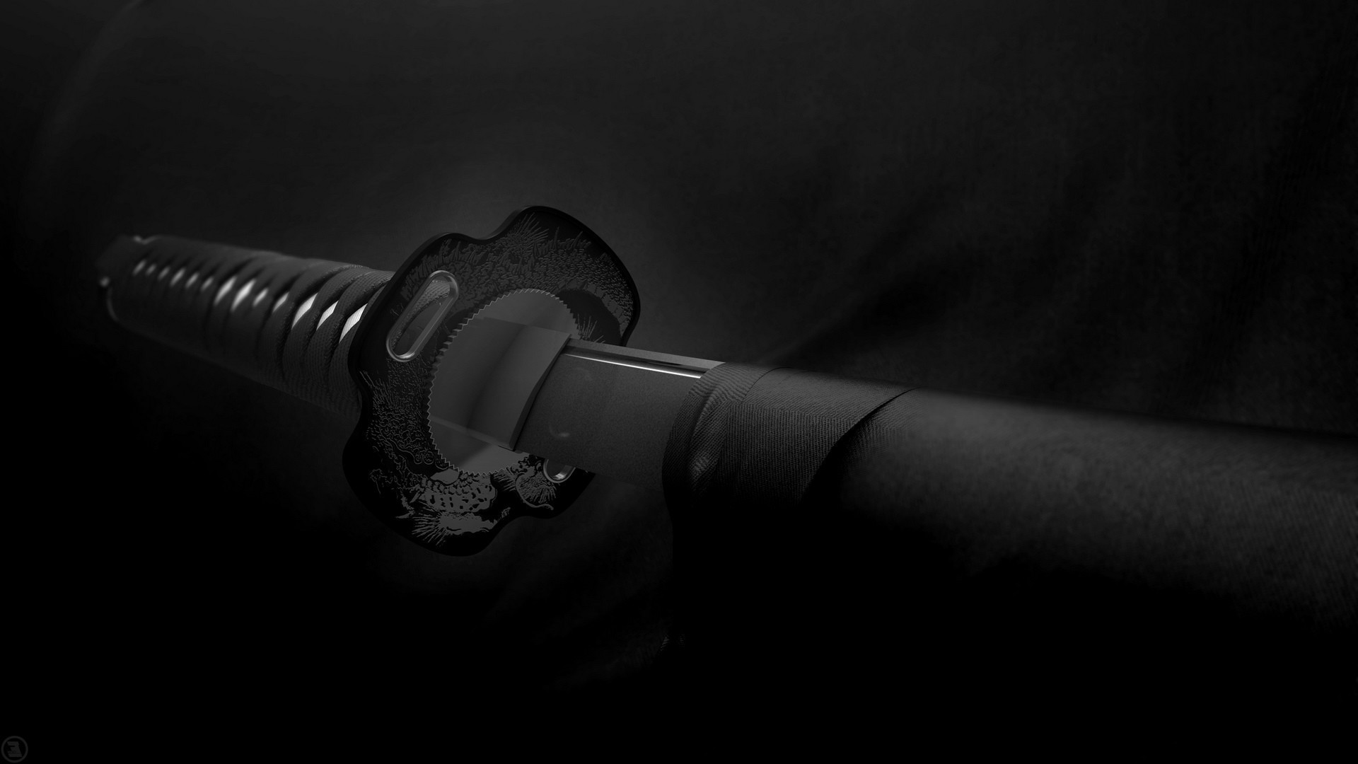 Katana, Tsuka, Tsuba, Sfondo nero, Full HD, wallpaper per PC