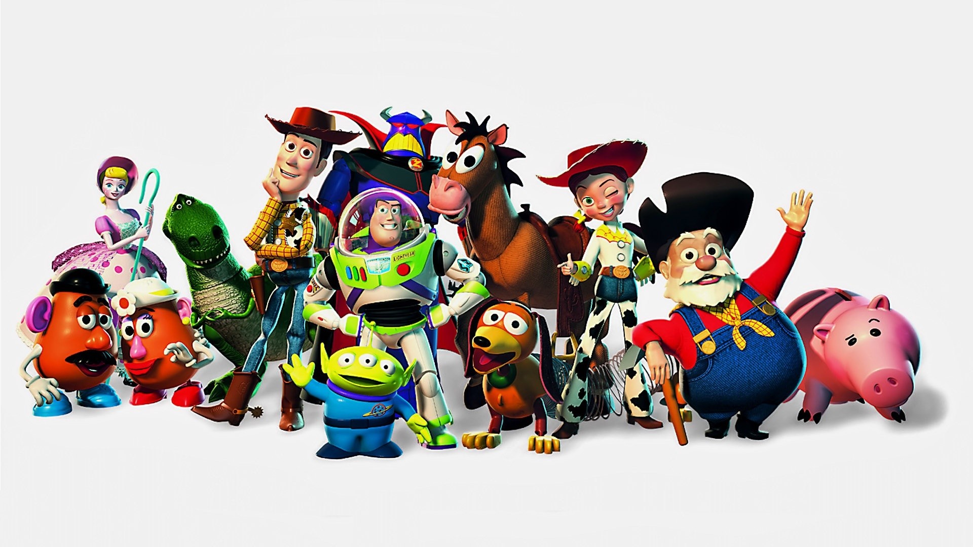 Toy Story, Woody, Buzz Lightyear, Jessie, Rex, Mr. Potato, Pixar, sfondo 1920x1080 per PC