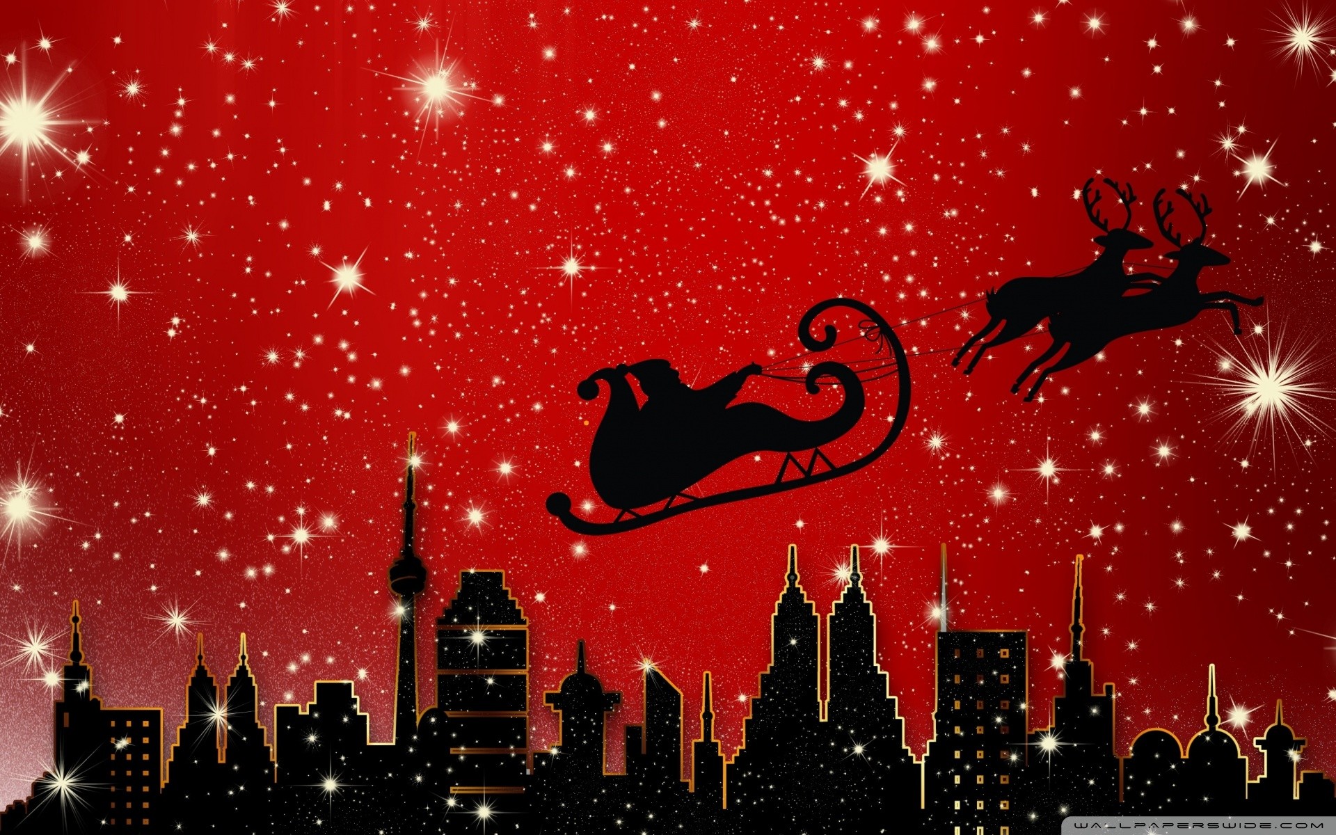 Babbo Natale, Slitta, Silhouette, Skyline, Rosso, 1920x1200, sfondo MacBook Pro