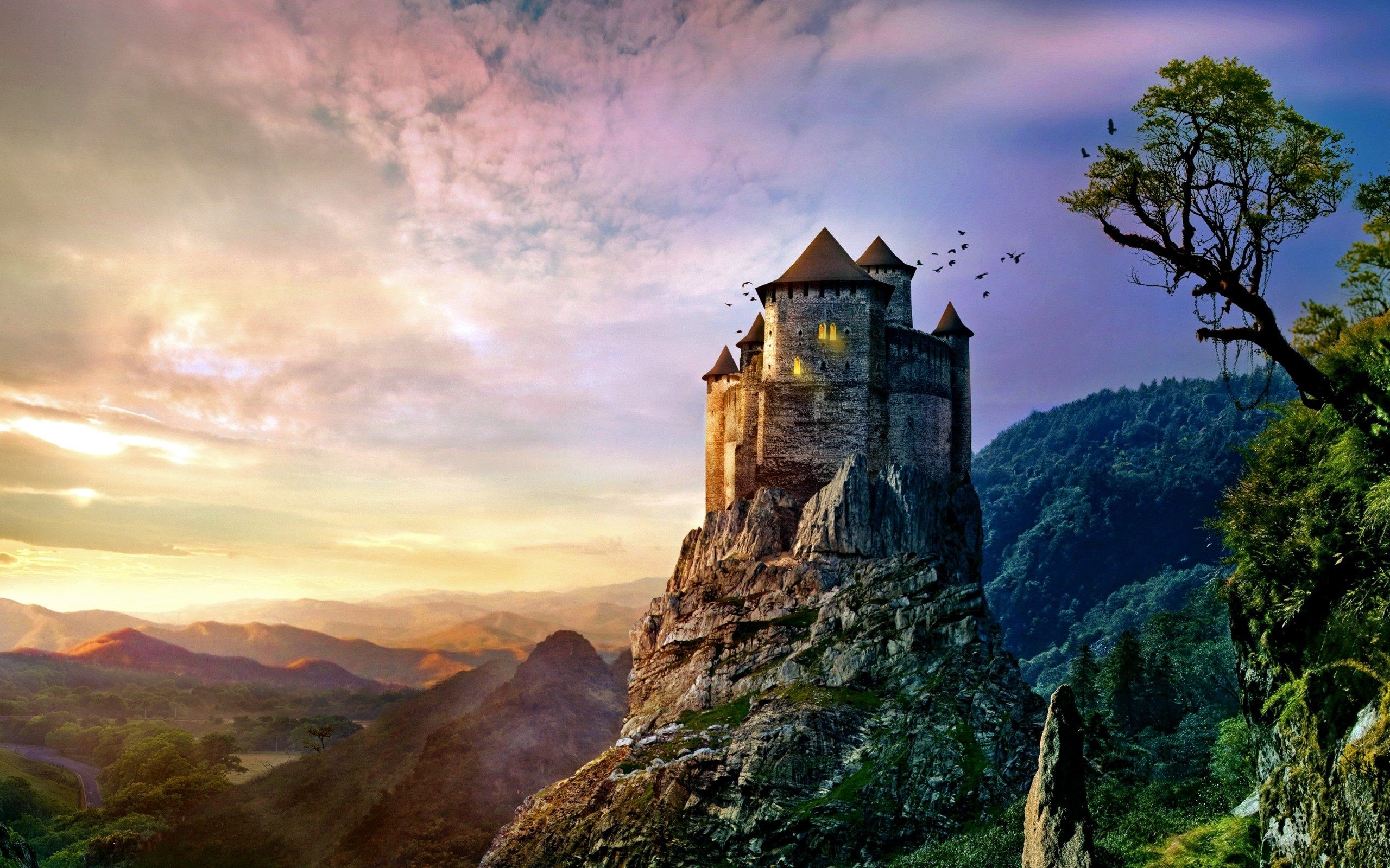 Castello, Rupe, Montagne, Tramonto, Uccelli, Fantasy, 2K, sfondo per PC