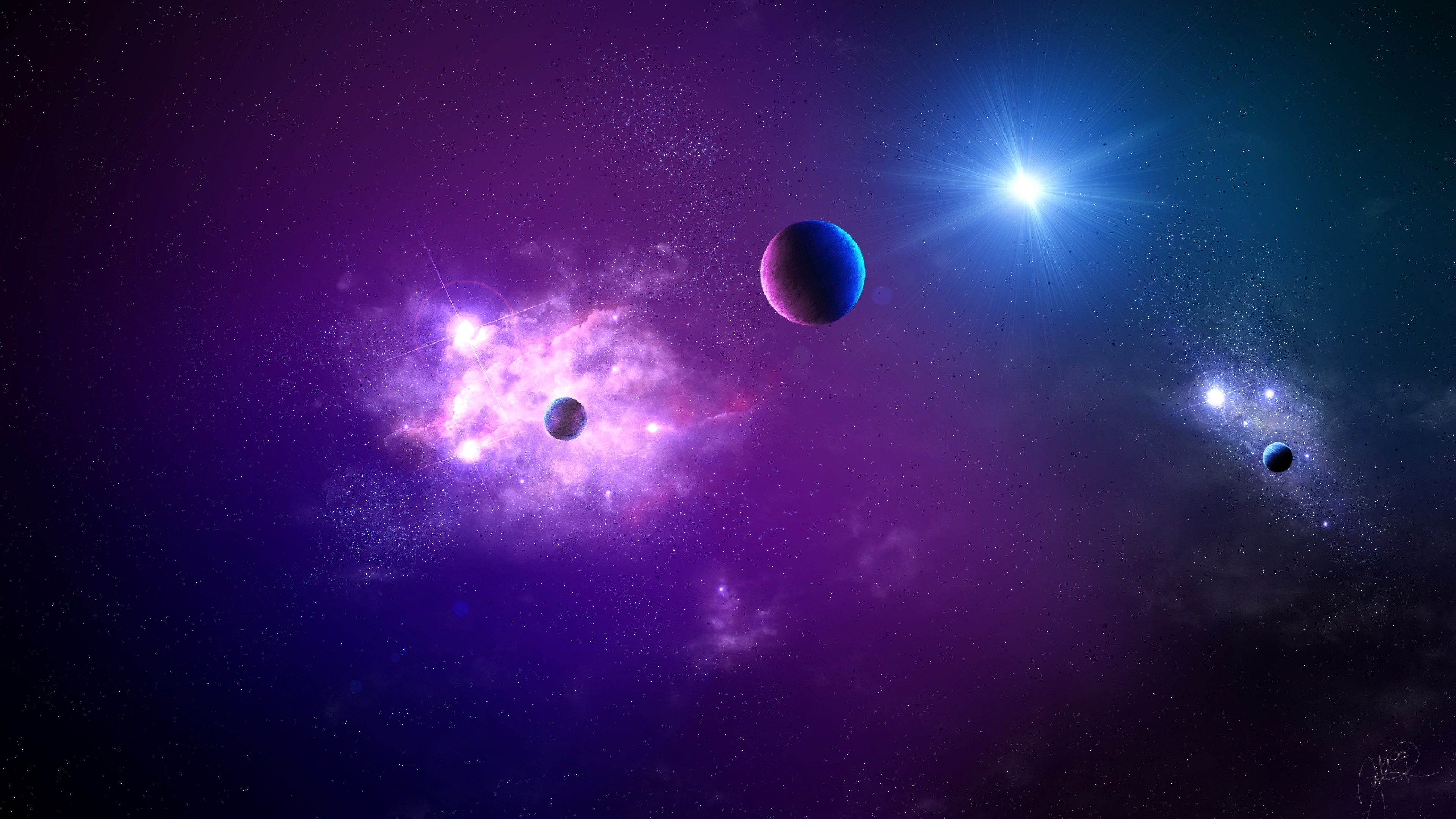 Pianeti, Nebulosa, Viola, Stella luminosa, 3840x2160, sfondo per PC