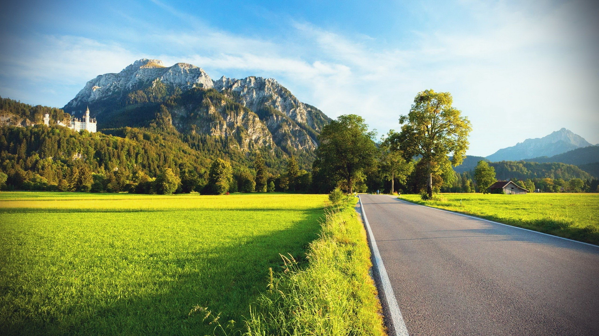 Castello di Neuschwanstein, Baviera, Strada, Prato, Montagne, Full HD, sfondo per portatile
