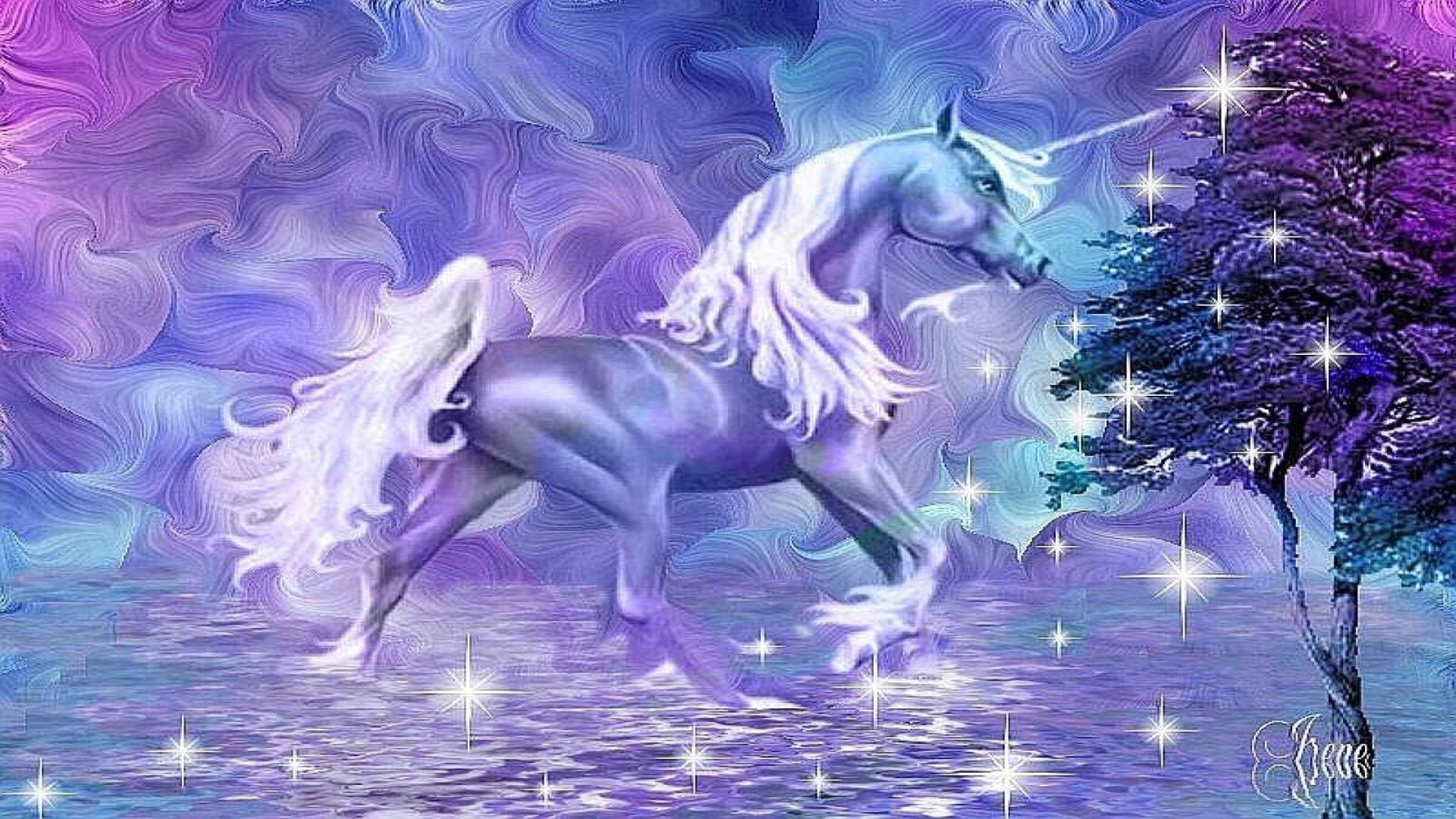 Unicorno, Fantasy, Acqua, Stelle, Toni viola, Full HD, wallpaper per portatile