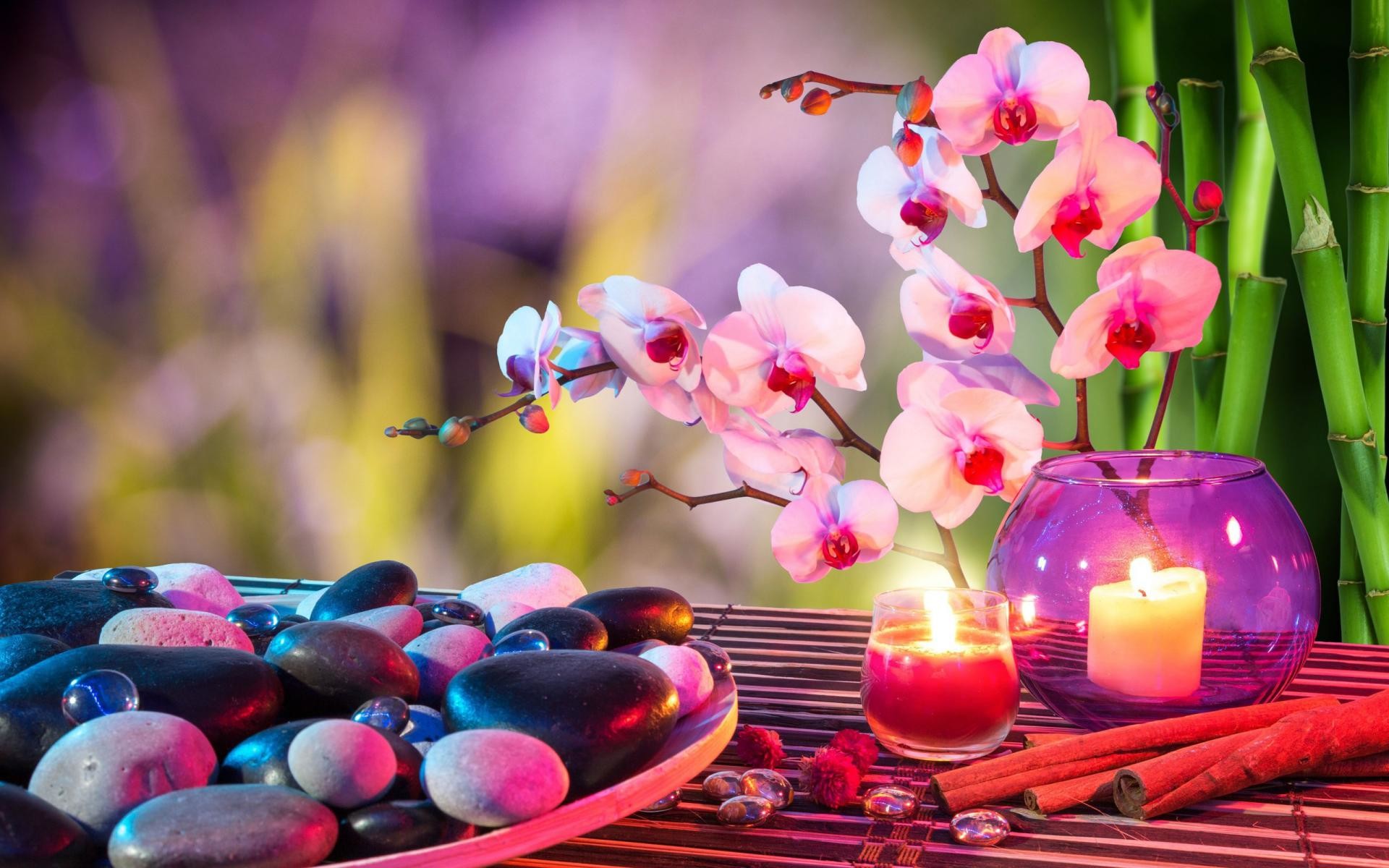 Orchidee, Candele, Pietre spa, Bambù, Benessere, 1920x1200, immagine di sfondo