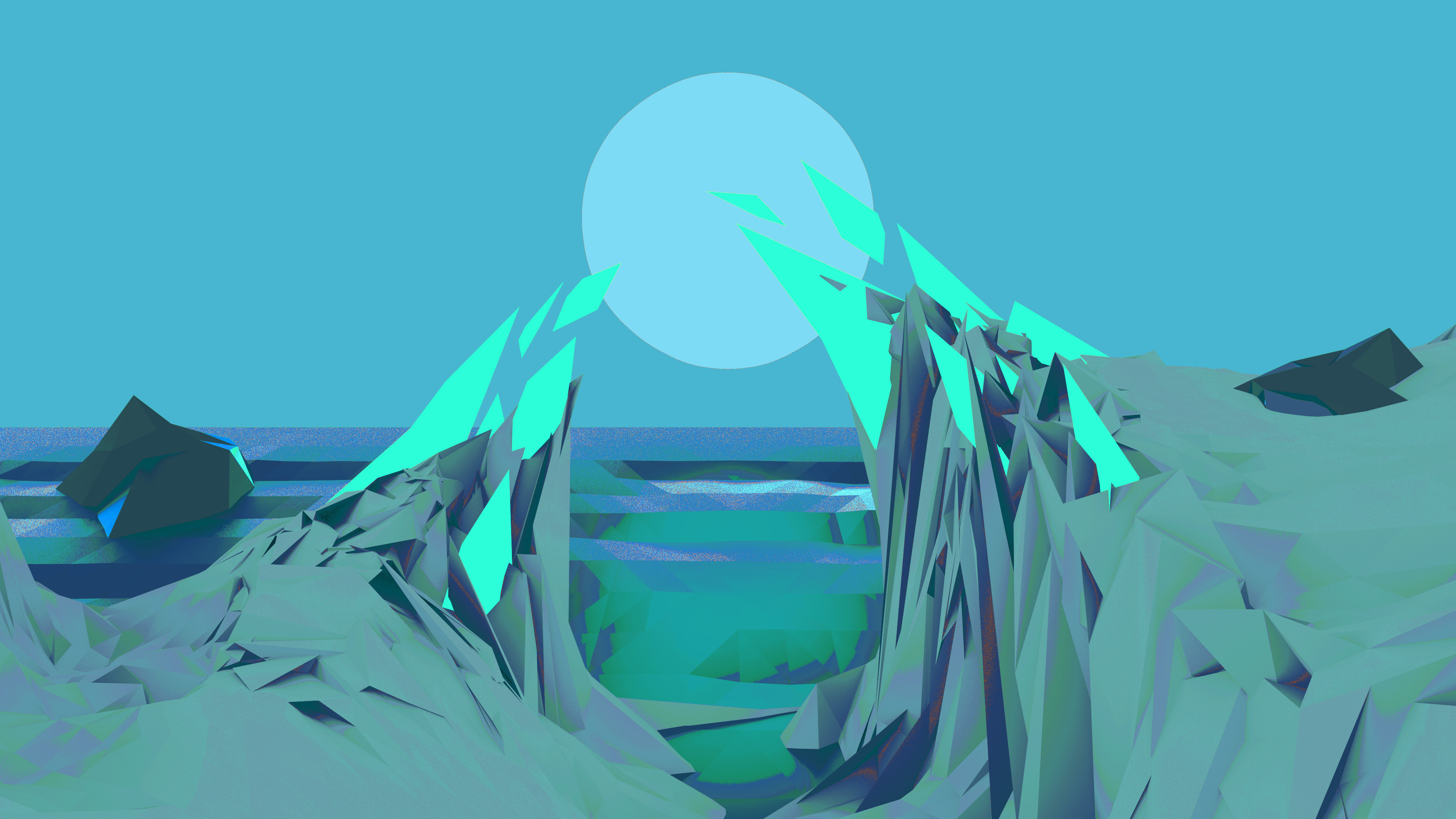Low poly, Sole, Cristalli, Turchese, 16:9 4K, sfondo widescreen