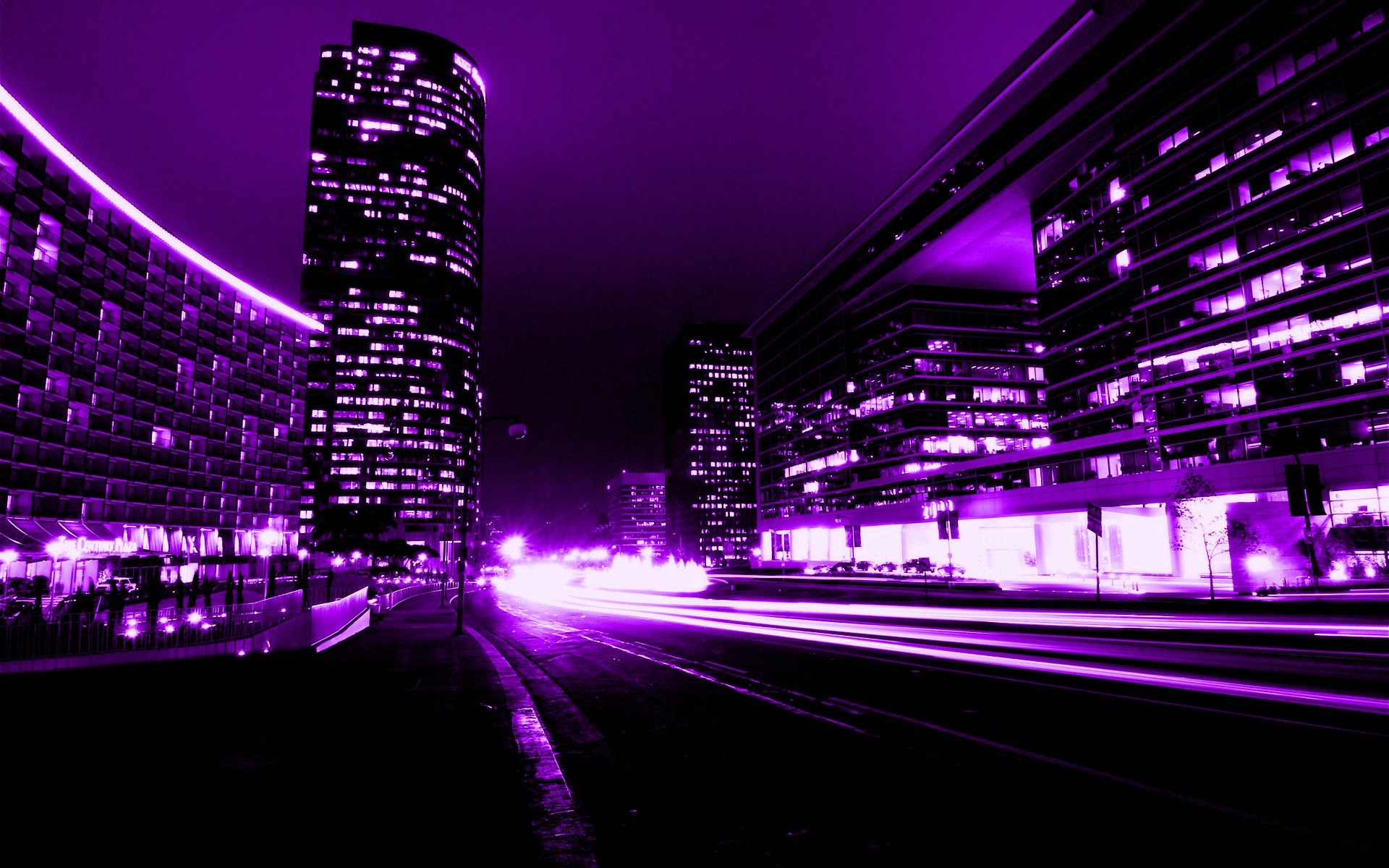 Viola, Città di notte, Grattacieli, Scie di luce, Full HD, sfondo per PC