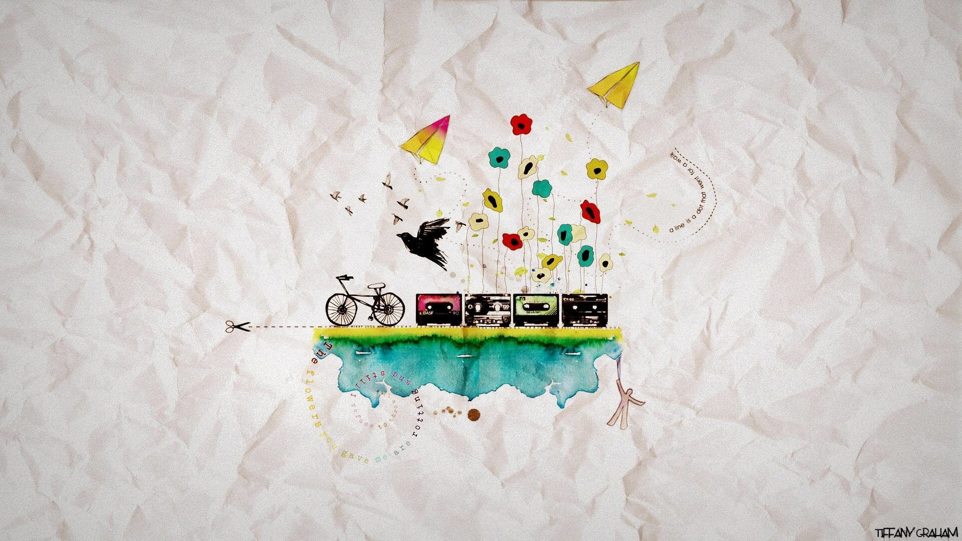 Illustrazione, Bicicletta, Cassette, Carta stropicciata, Hipster, sfondo widescreen Full HD
