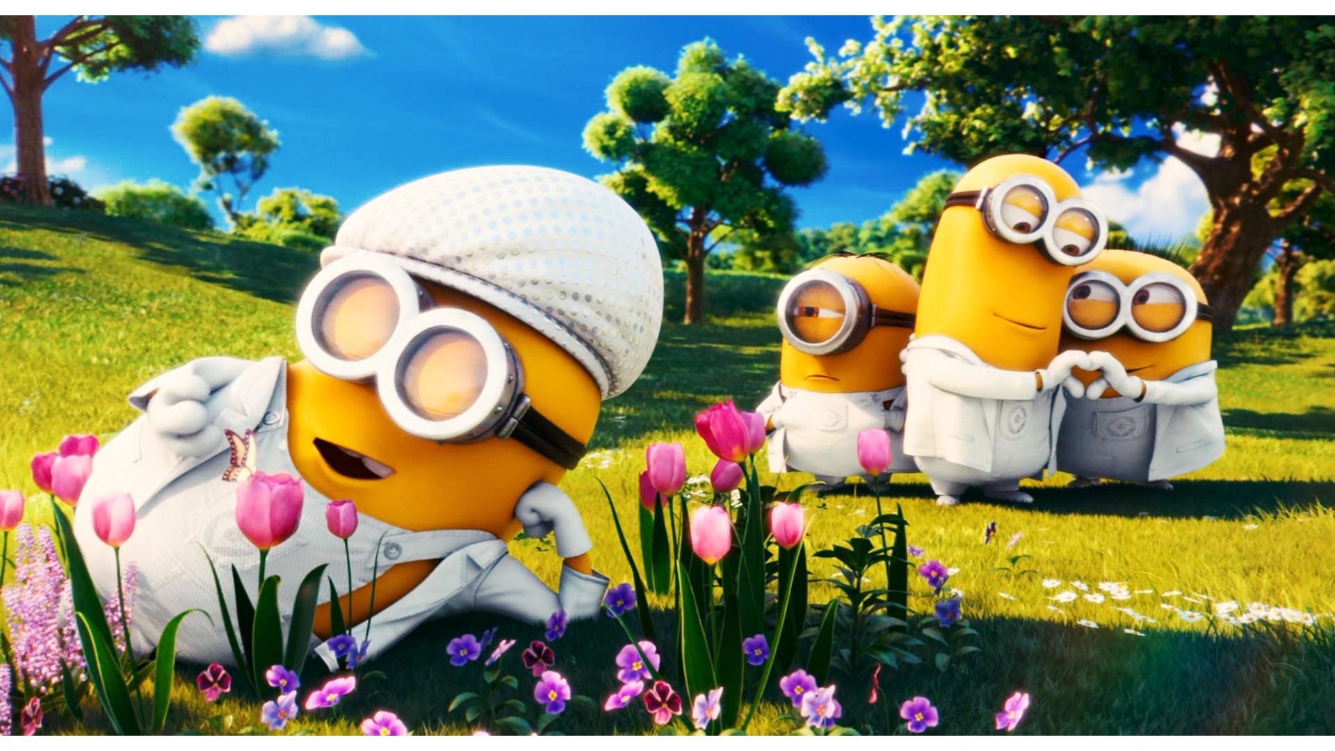 Minions, Cattivissimo me 2, Prato fiorito, Tulipani, Full HD, sfondo per PC e portatile