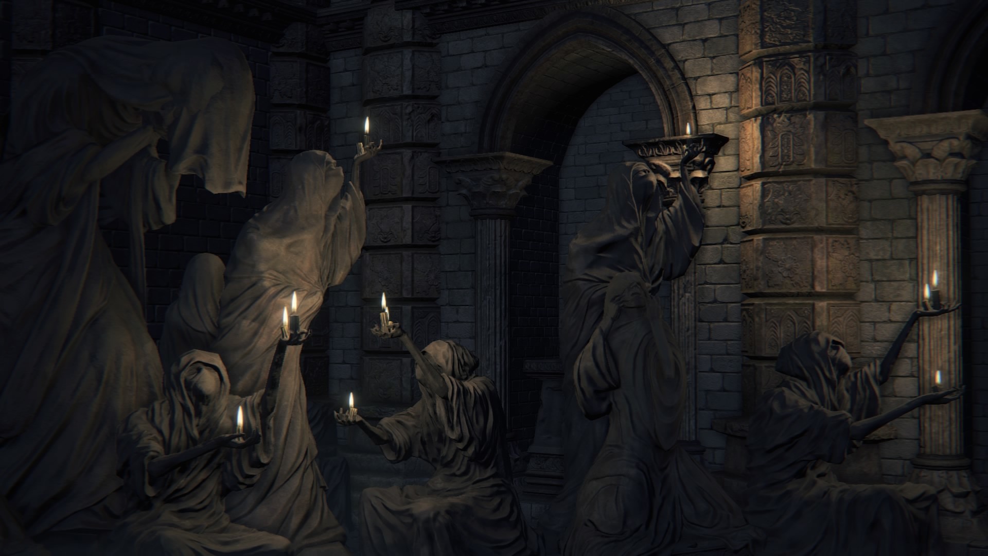 Bloodborne, Statue, Candele, Interno gotico, Full HD, sfondo per PC