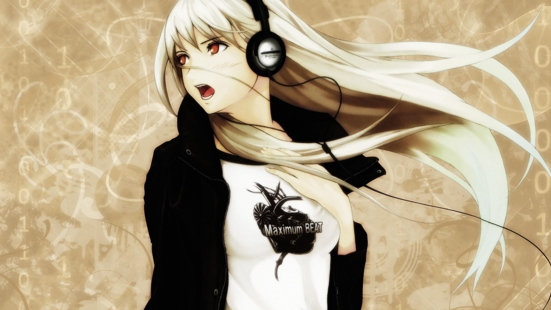 Ragazza anime, Cuffie, Capelli biondi, Beige, Full HD, sfondo per PC