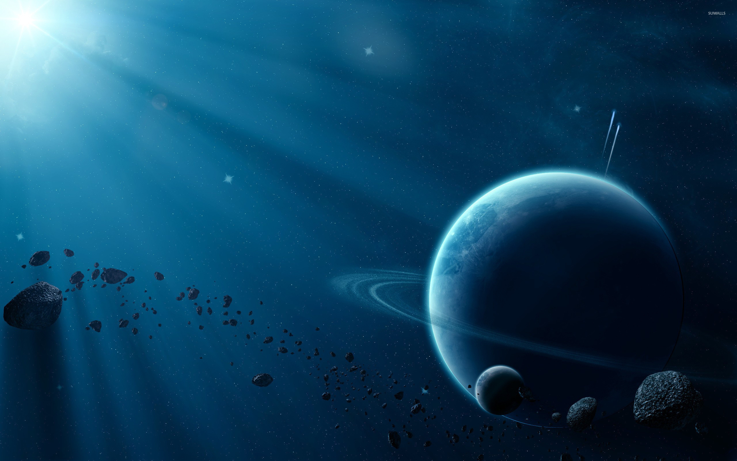 Pianeta con anelli, Asteroidi, Blu, 2560x1600, immagine di sfondo