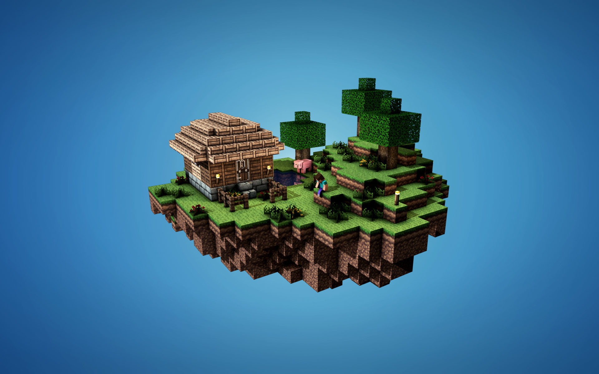 Minecraft, Isola fluttuante, Casa, Sfondo blu, 16:10 Full HD, wallpaper widescreen