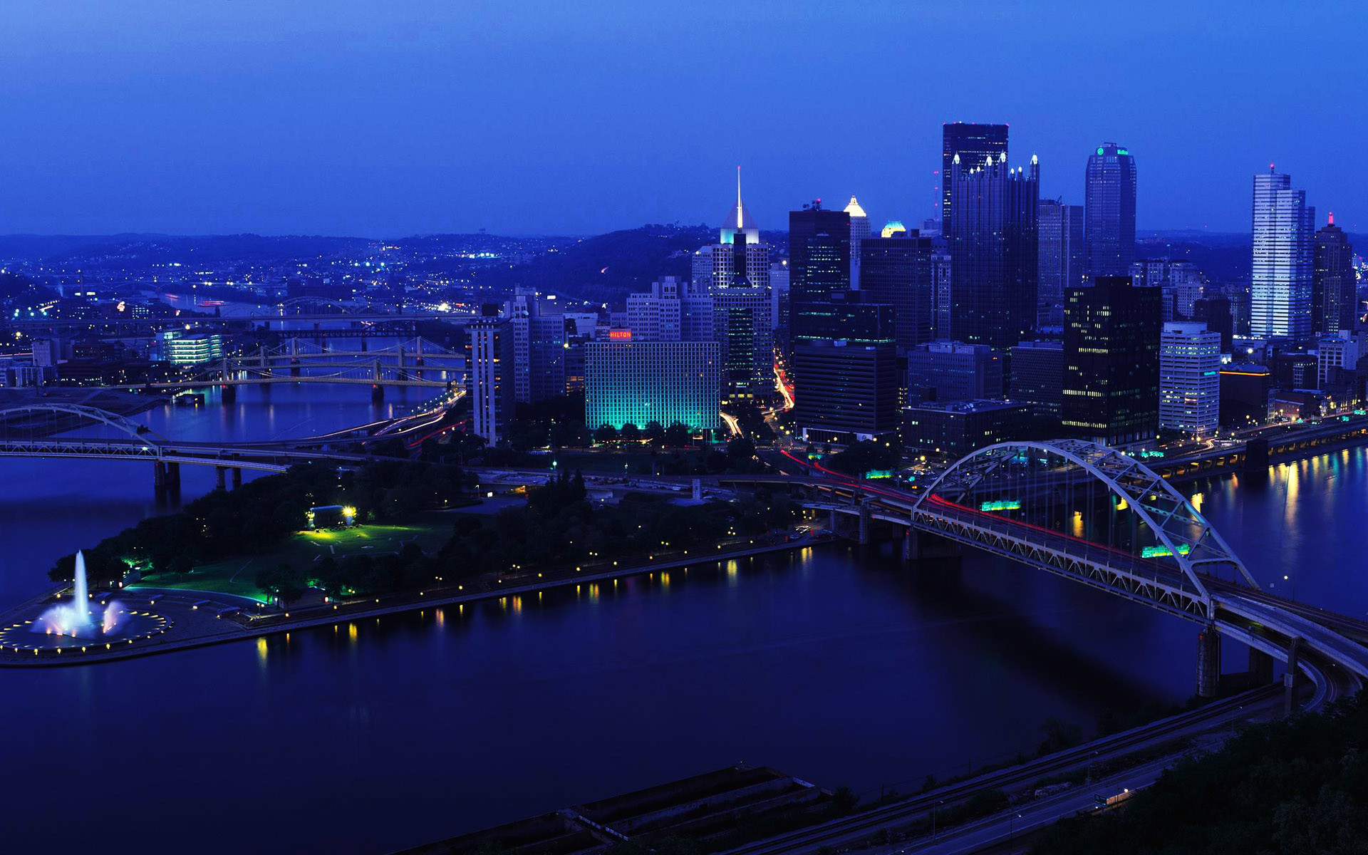 Pittsburgh, Skyline, Fiumi, Ponti, Notte, 16:10 Full HD, wallpaper widescreen
