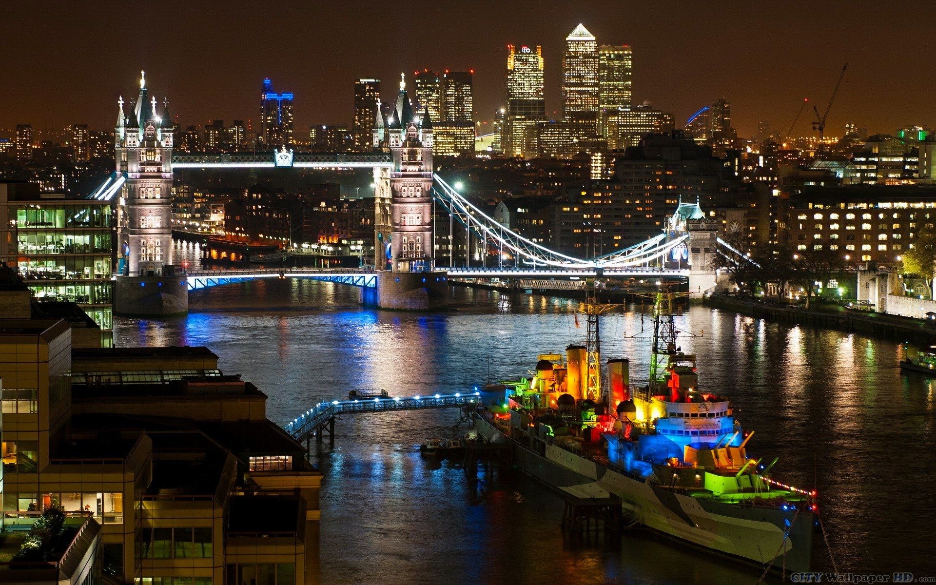 Tower Bridge, HMS Belfast, Tamigi, Canary Wharf, Londra, Notte, 1920x1200, wallpaper desktop