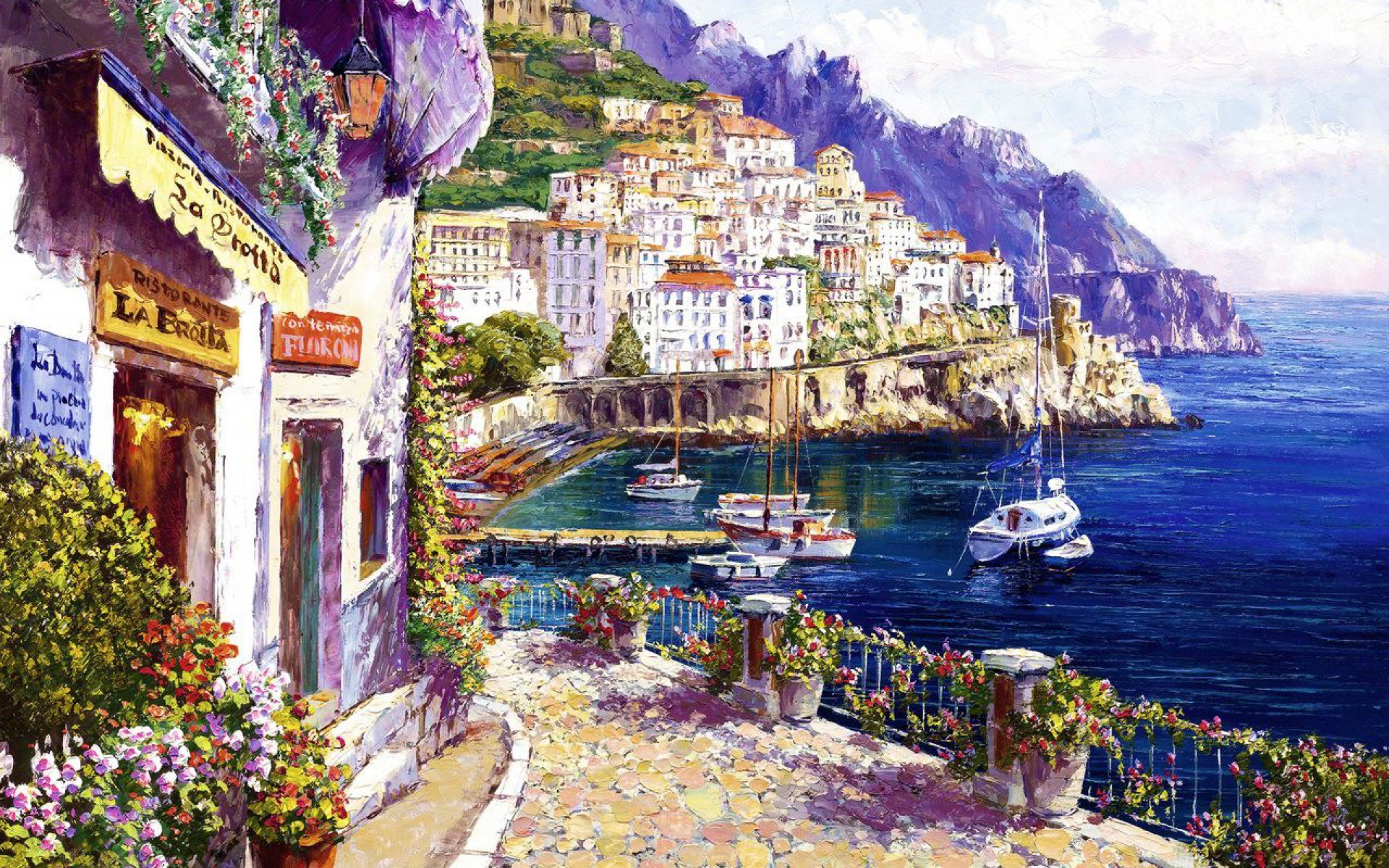 Costiera Amalfitana, Pittura, Barche, Fiori, 1920x1200, sfondo MacBook Pro