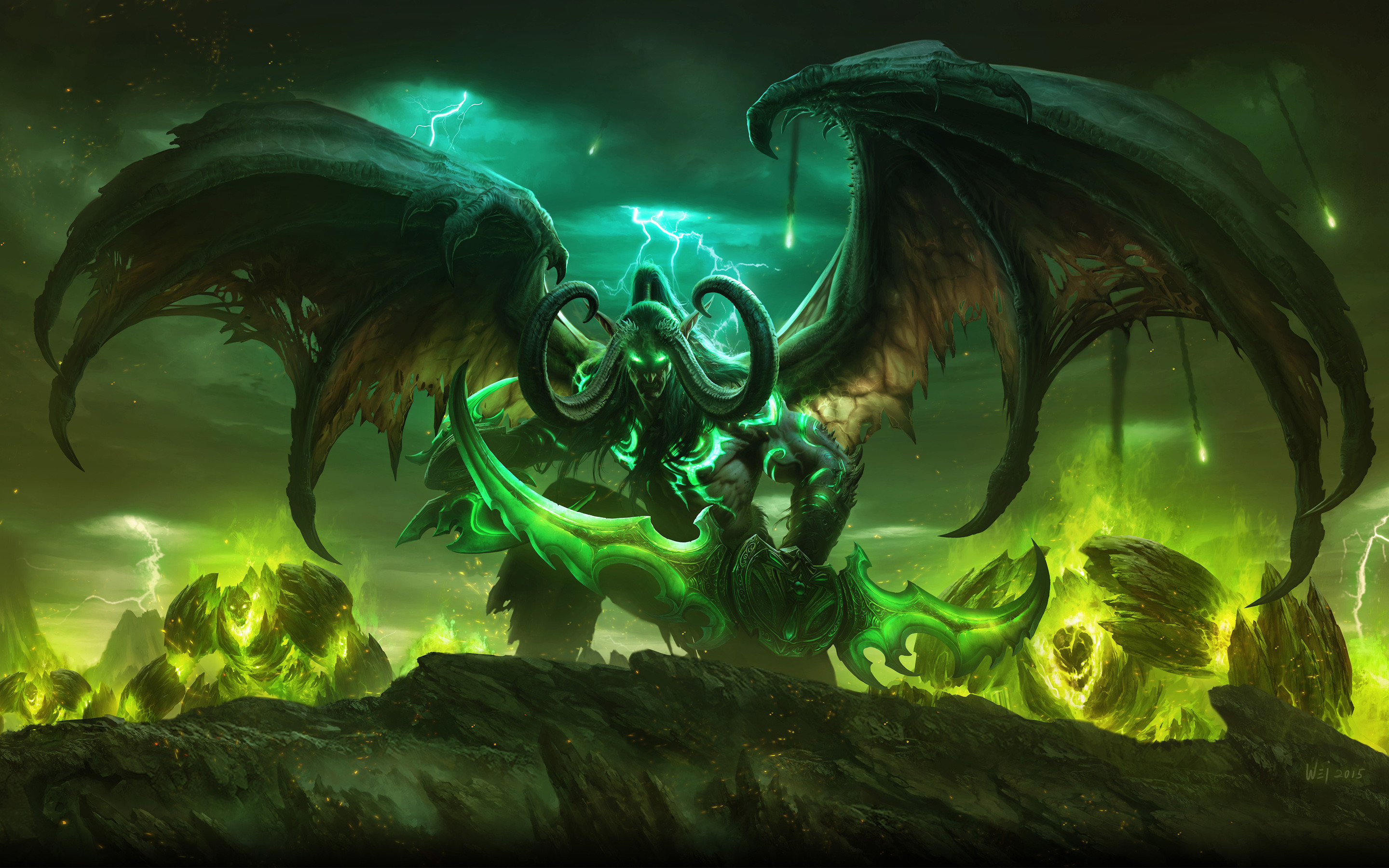 Illidan Stormrage, World of Warcraft: Legion, Demone, Ali, Verde, sfondo 2K per PC