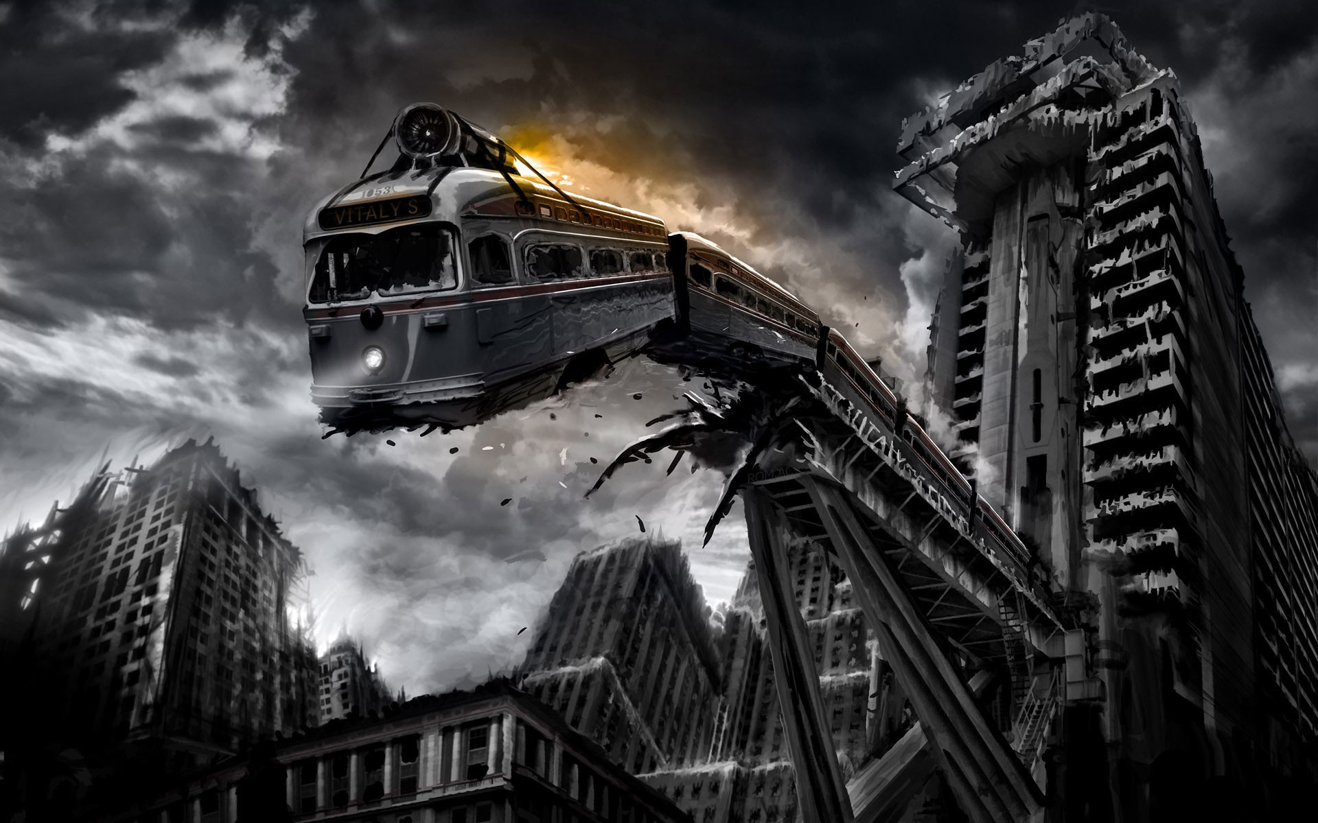 Treno, Città distopica, Surreale, Bianco e nero, 1920x1200, sfondo per PC