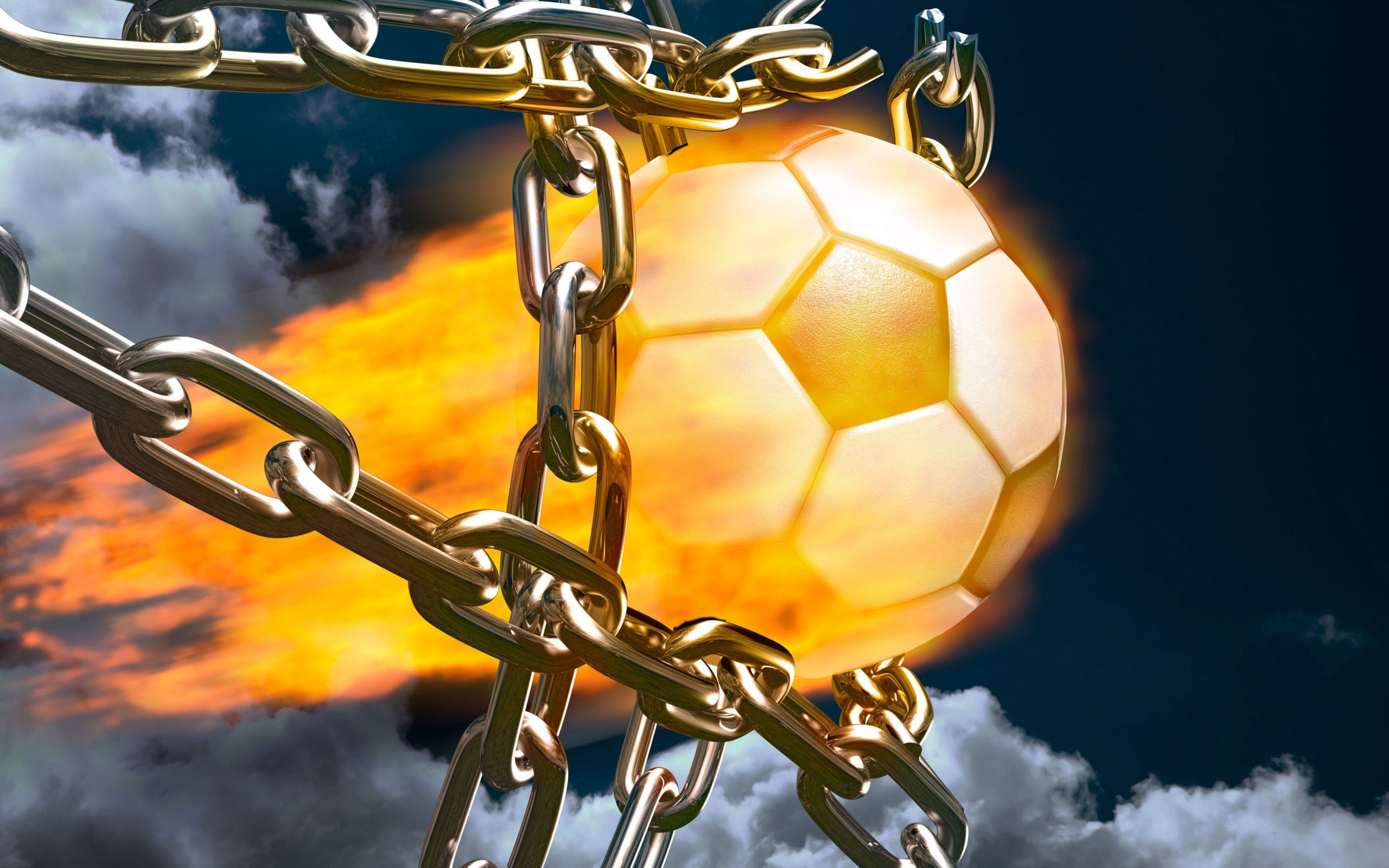 Pallone infuocato, Catene, Fiamme, Arte digitale, 2560x1600, sfondo MacBook Pro