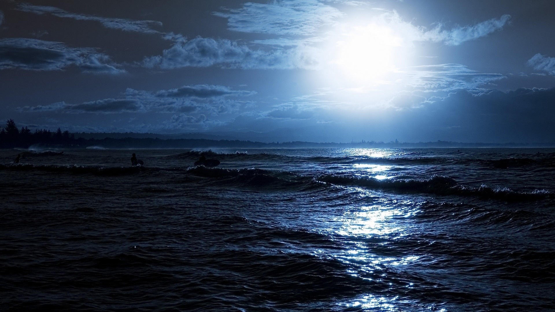 Mare, Luna, Notte, Onde, 1920x1080, sfondo per PC