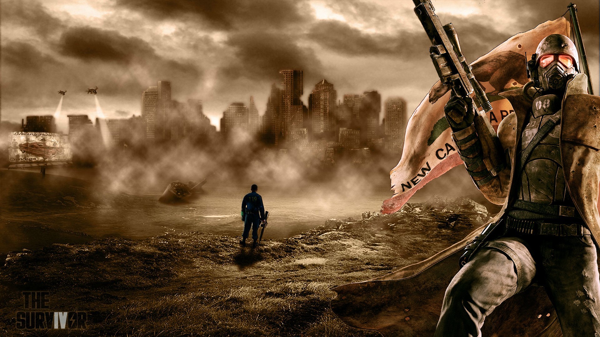 Fallout: New Vegas, NCR Ranger, Zona contaminata, Seppia, Rovine, sfondo Full HD per computer