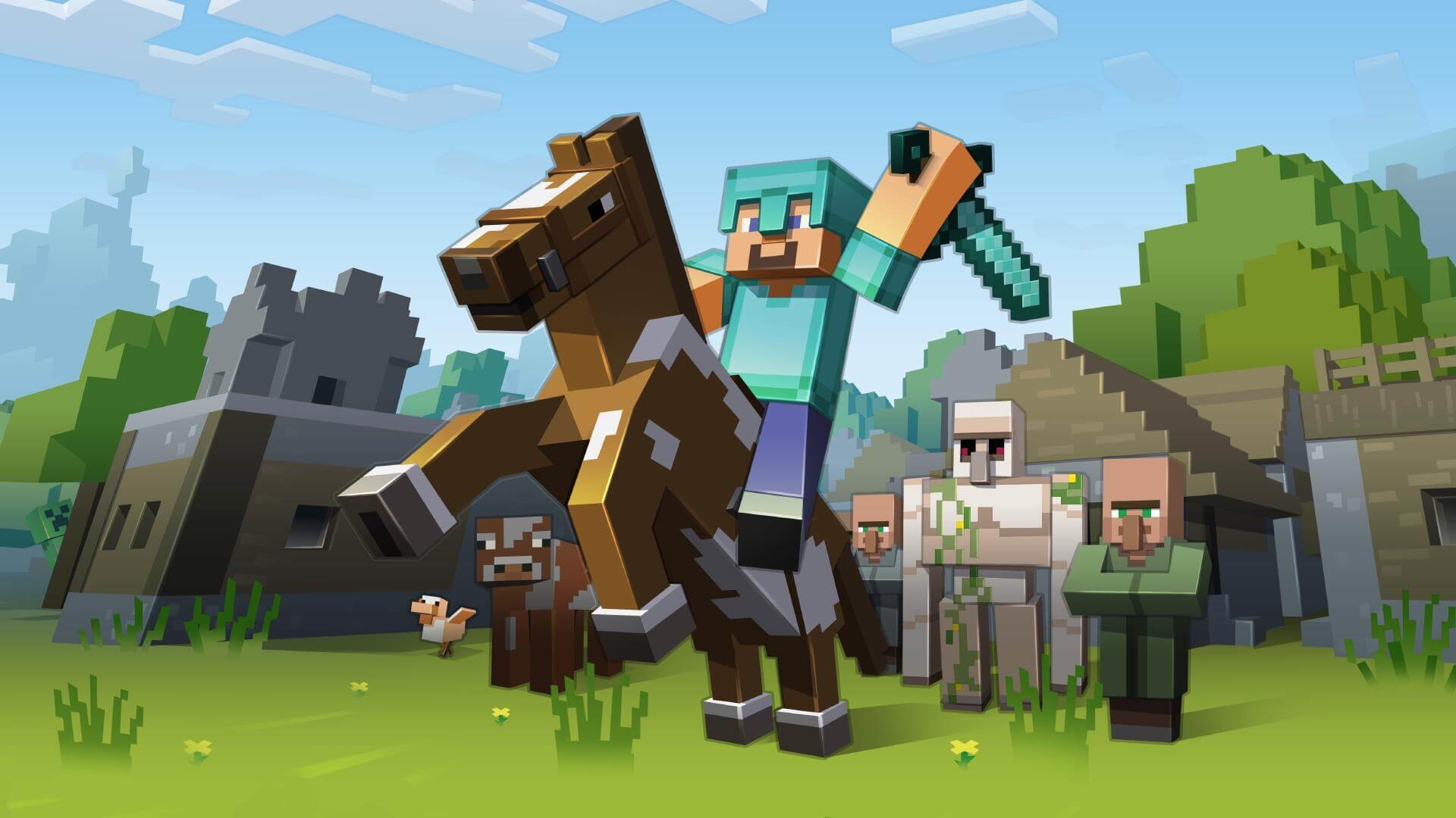 Steve, Cavallo, Golem di ferro, Villico, Minecraft, Full HD, sfondo desktop