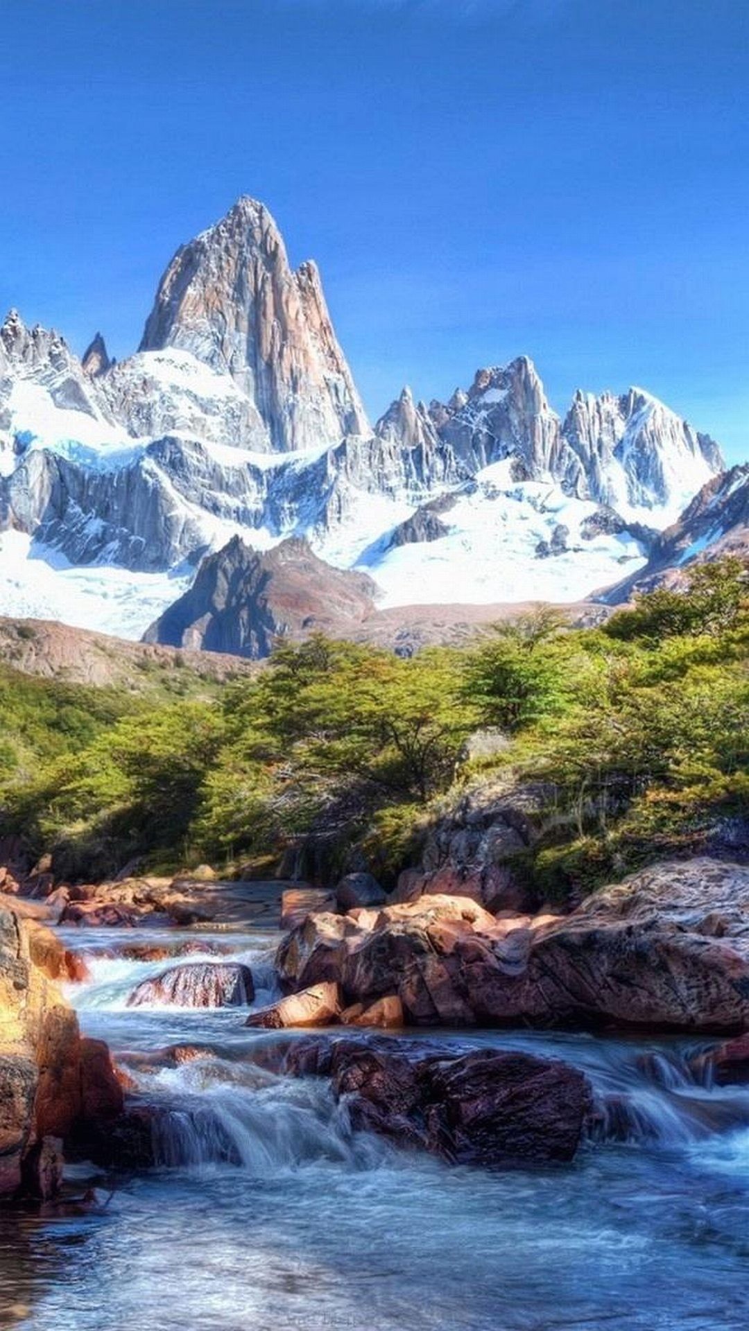Fitz Roy, Patagonia, Torrente, Montagne innevate, Full HD, wallpaper per smartphone