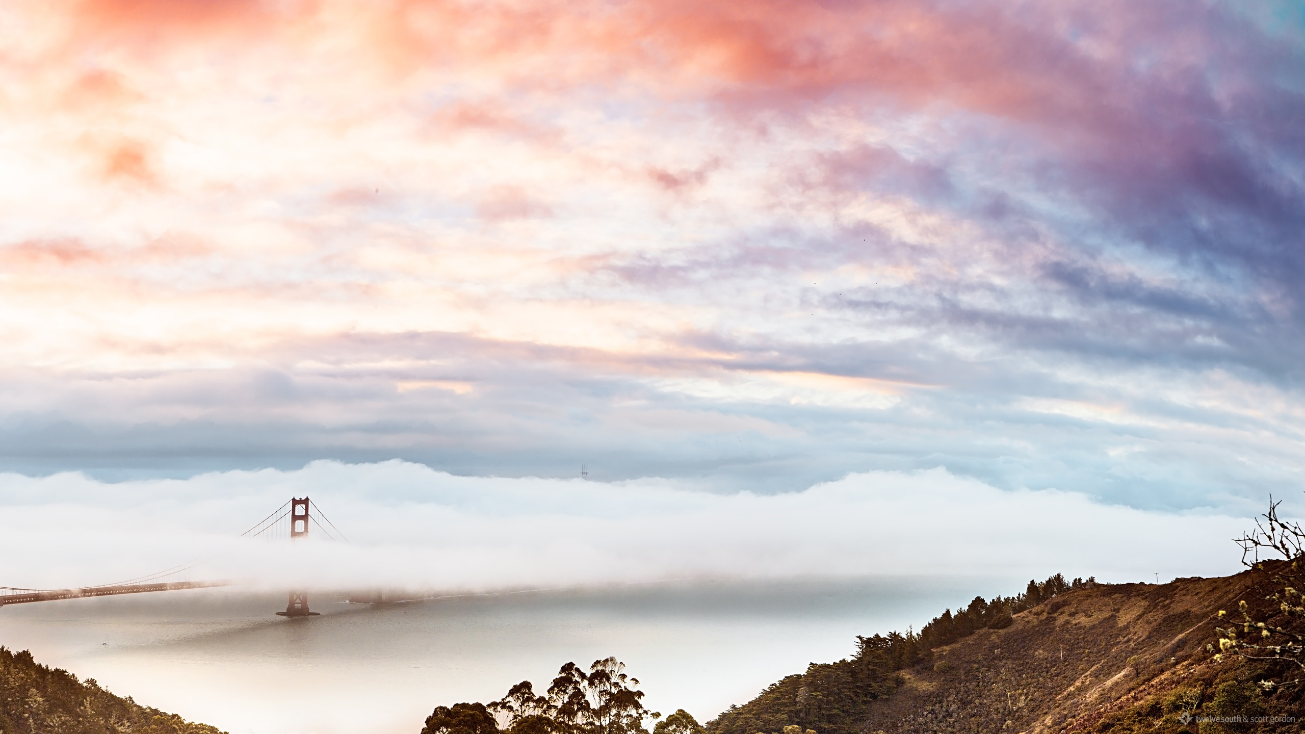 Golden Gate Bridge, San Francisco, Nebbia, Nuvole rosa, 2K, sfondo per PC